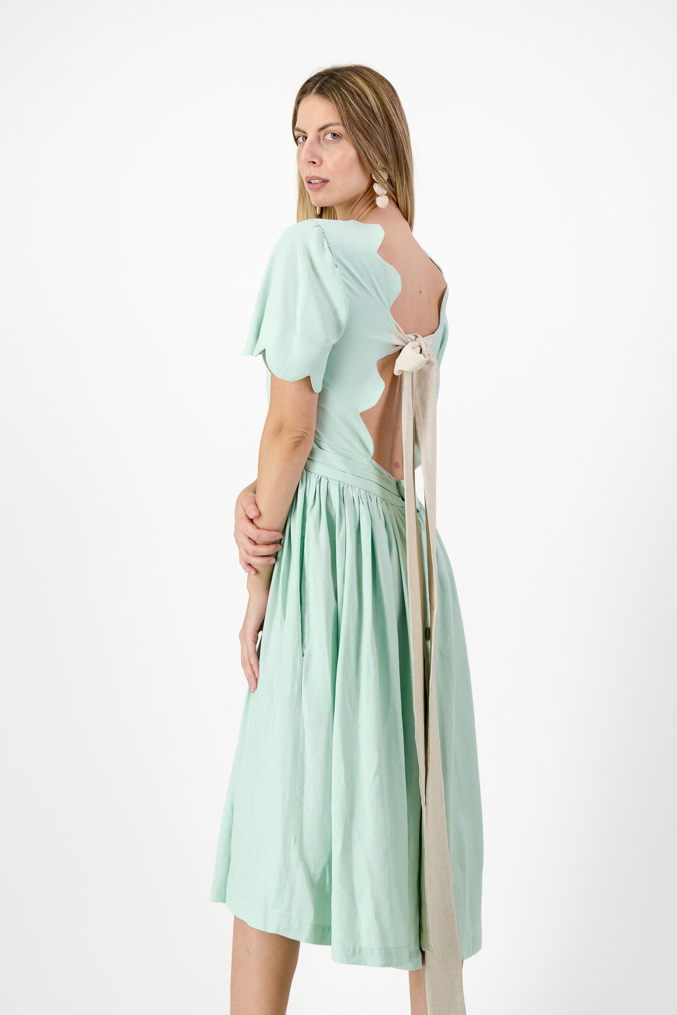 Mint Whisper Scallop Open Back Dress — Pistachio with Oatmeal Tie