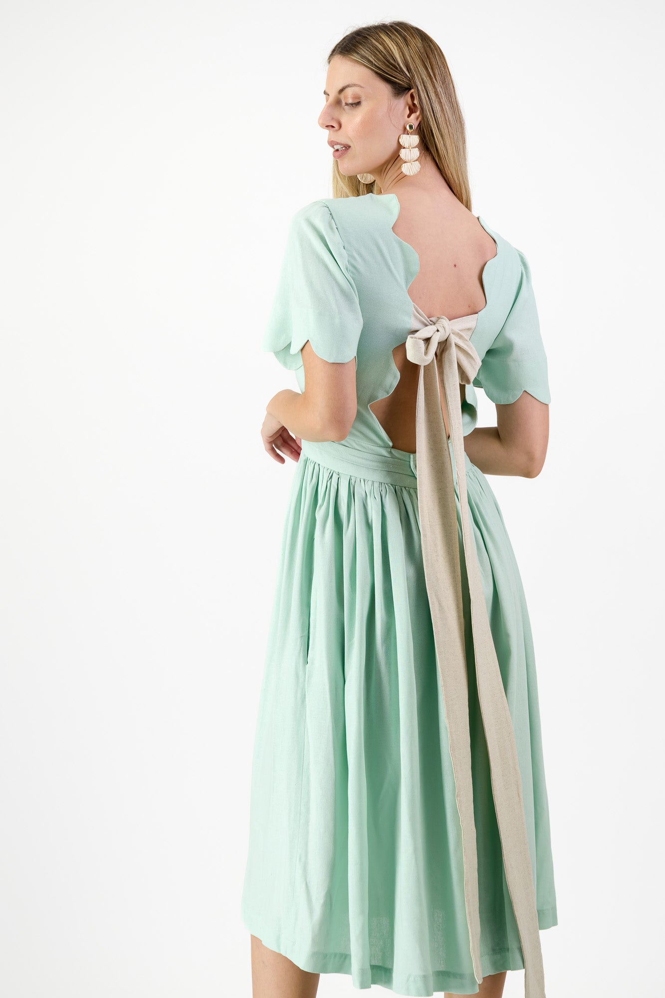 Mint Whisper Scallop Open Back Dress — Pistachio with Oatmeal Tie