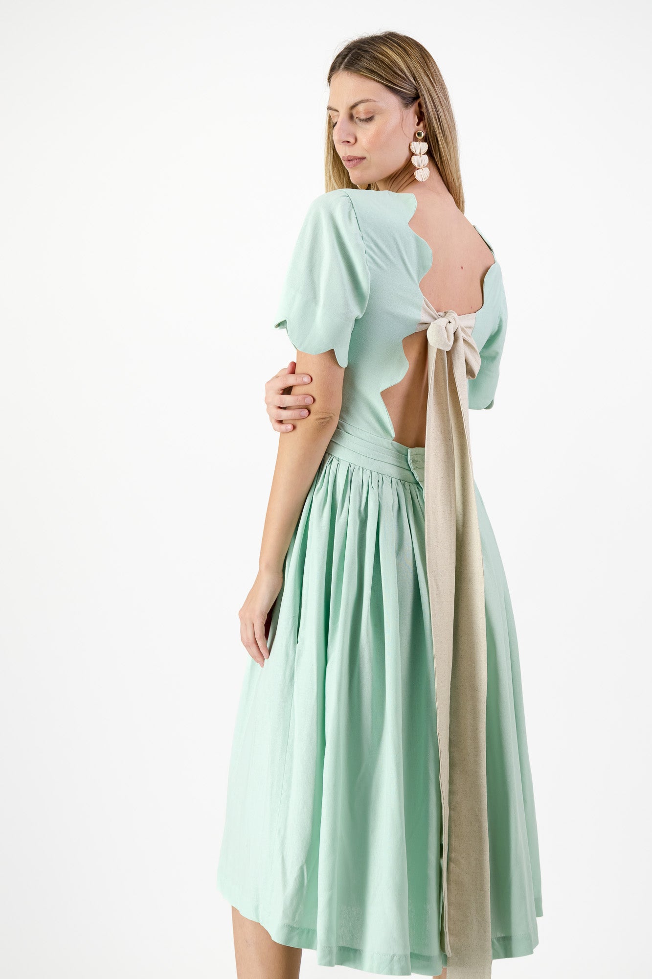 Mint Whisper Scallop Open Back Dress — Pistachio with Oatmeal Tie