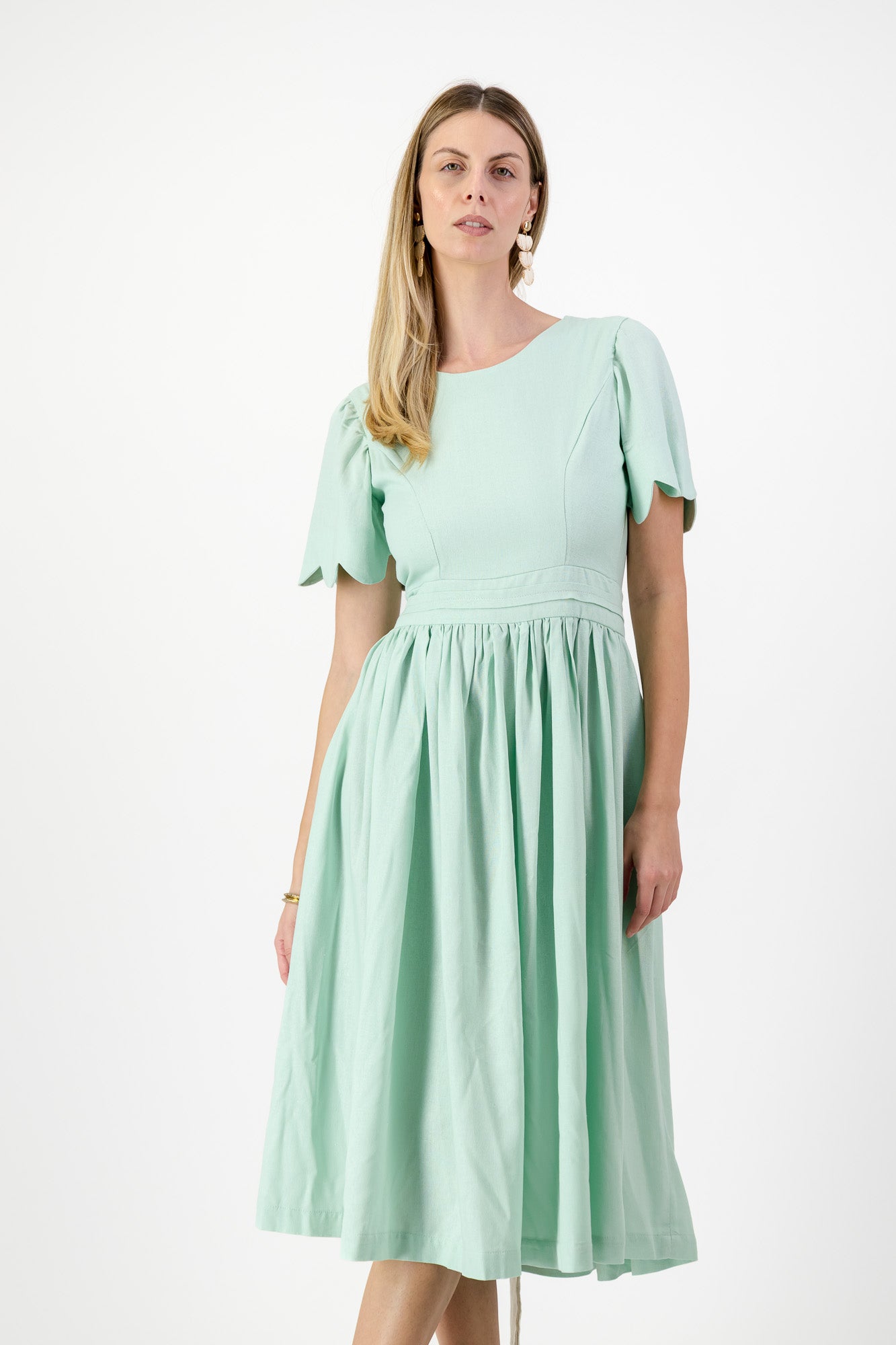 Mint Whisper Scallop Open Back Dress — Pistachio with Oatmeal Tie