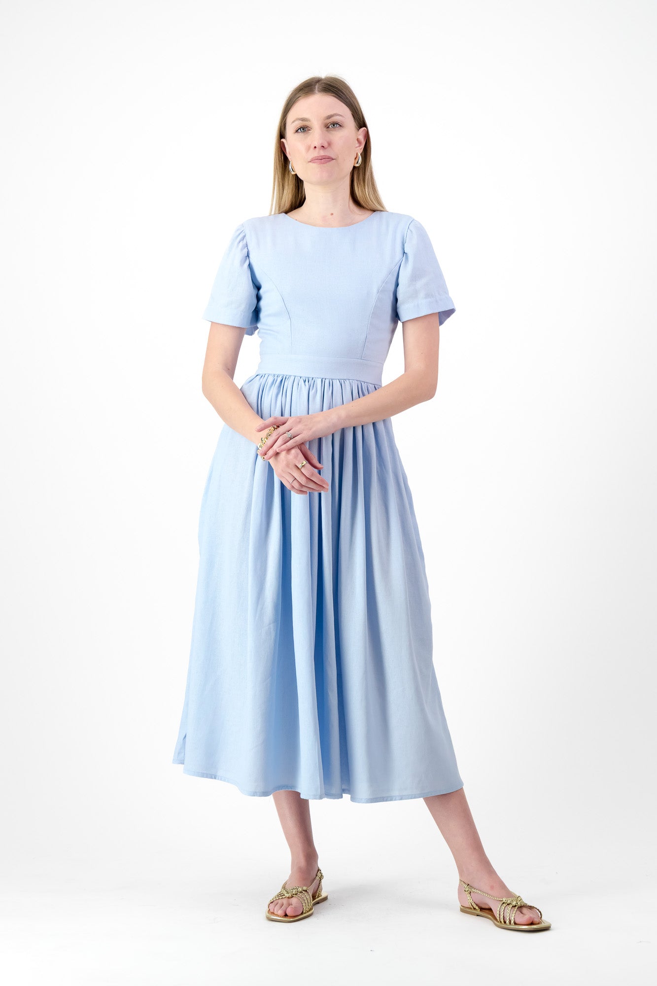 Blue Haze Closed Back Dress — Cool Blue with Oatmeal Tie