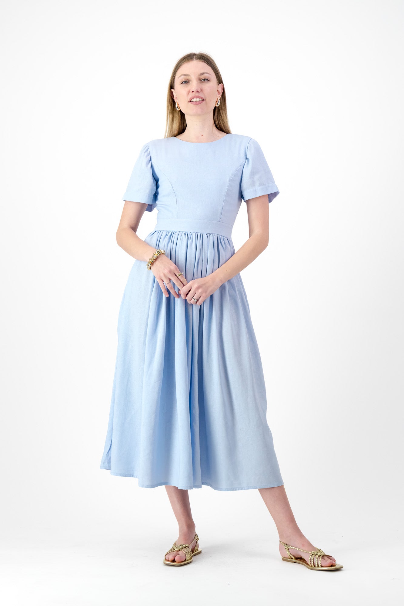 Blue Haze Closed Back Dress — Cool Blue with Oatmeal Tie