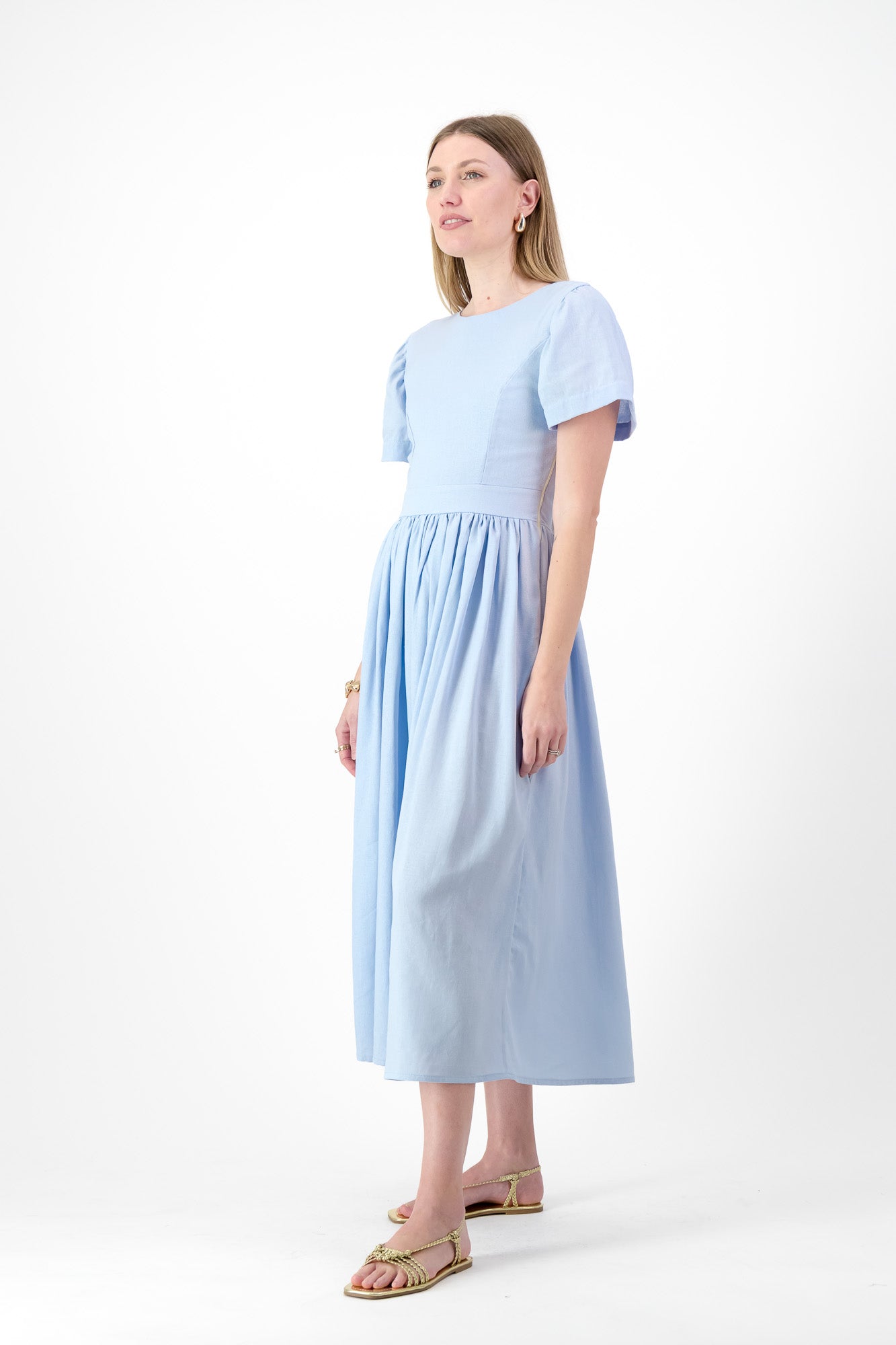 Blue Haze Closed Back Dress — Cool Blue with Oatmeal Tie