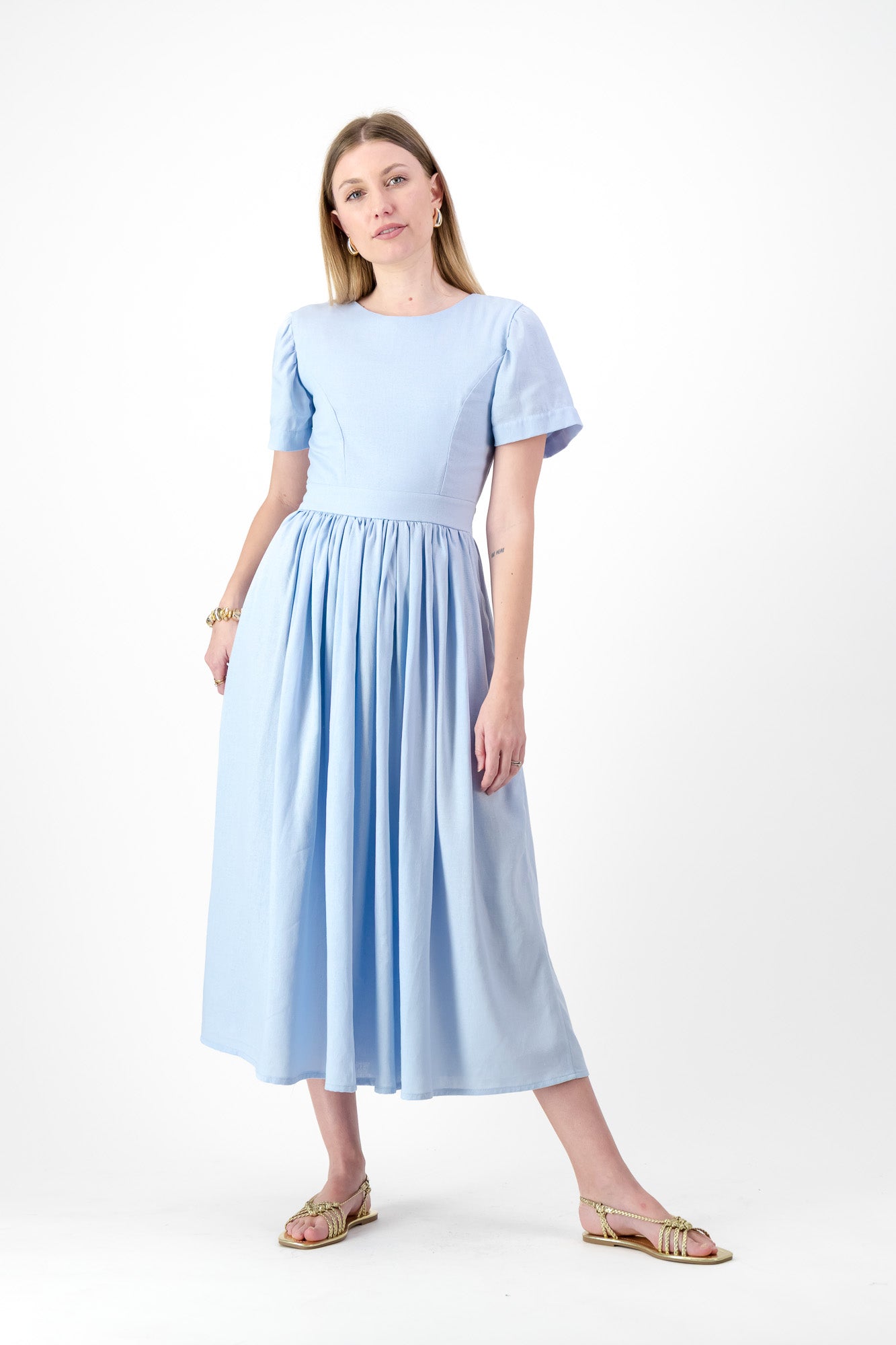 Blue Haze Closed Back Dress — Cool Blue with Oatmeal Tie