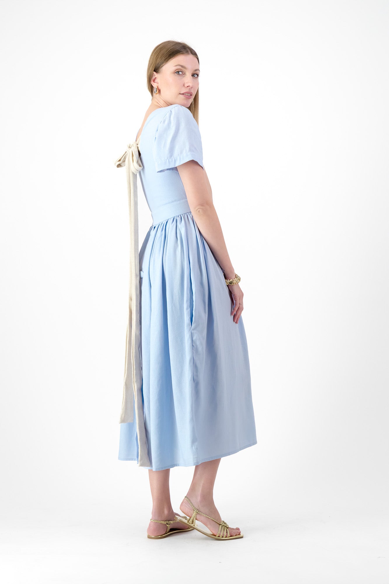 Blue Haze Closed Back Dress — Cool Blue with Oatmeal Tie