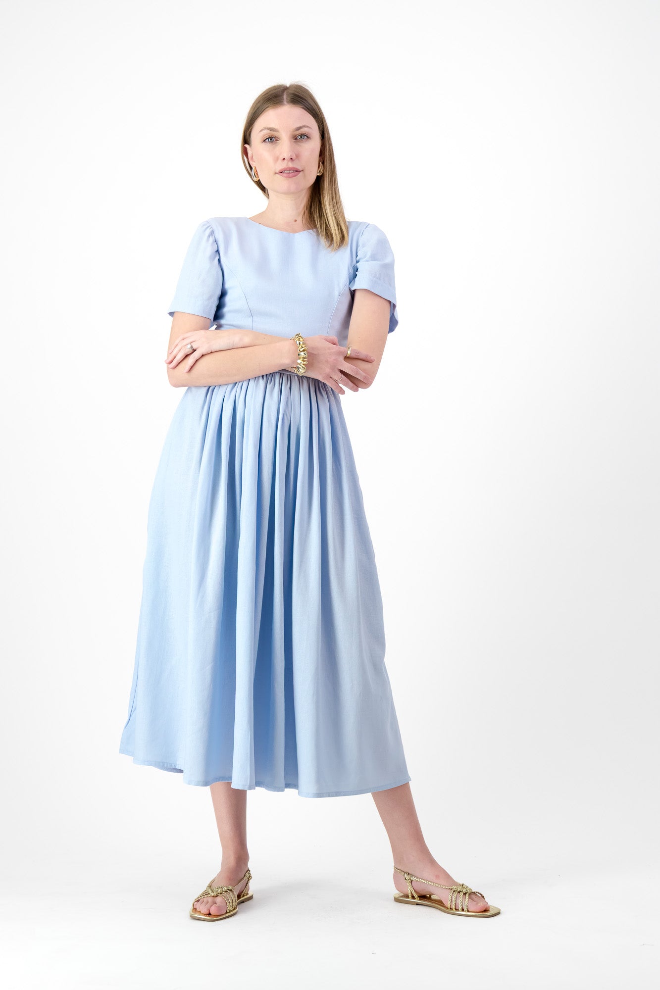 Blue Haze Closed Back Dress — Cool Blue with Oatmeal Tie