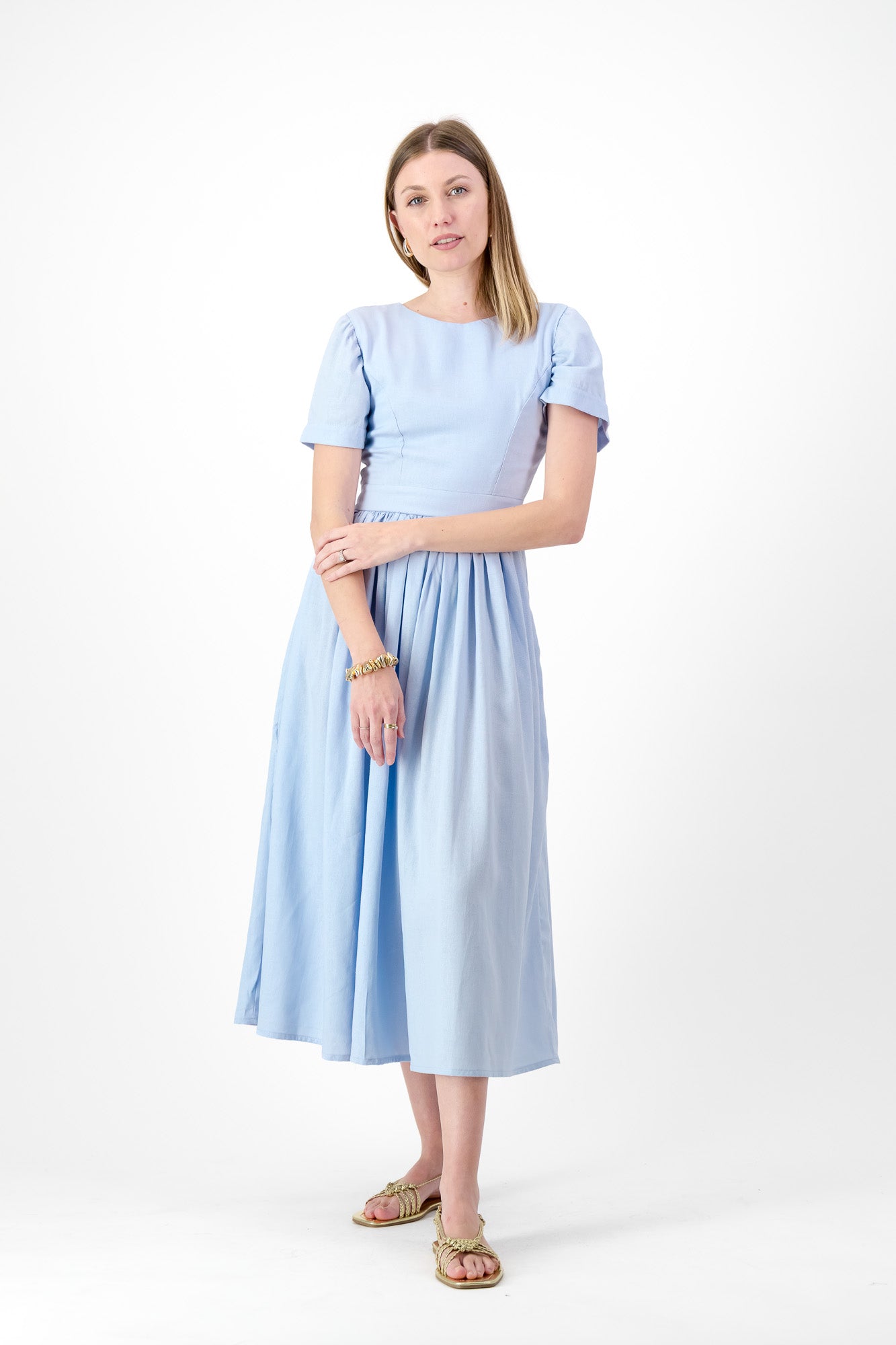 Blue Haze Closed Back Dress — Cool Blue with Oatmeal Tie