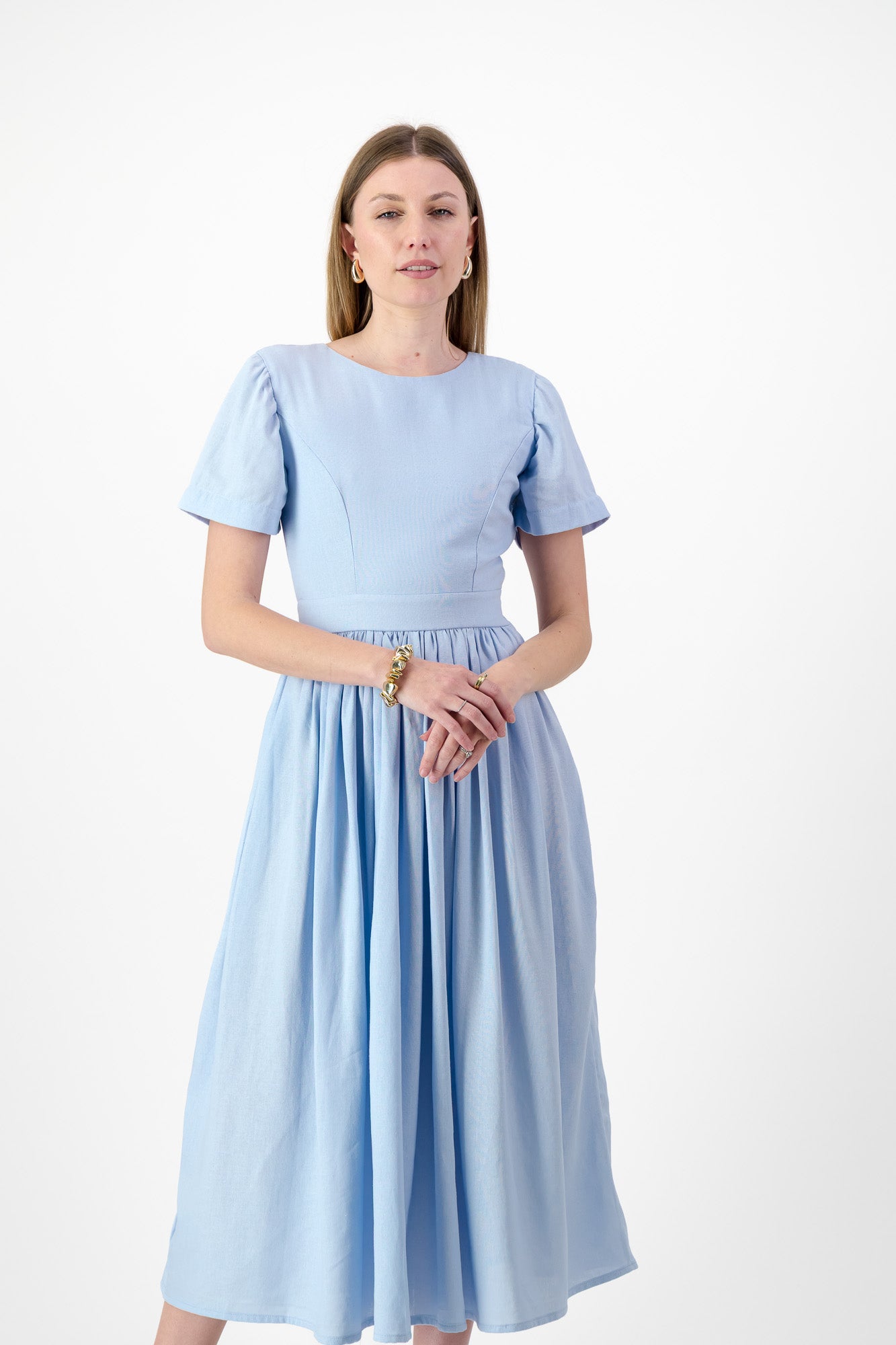 Blue Haze Closed Back Dress — Cool Blue with Oatmeal Tie