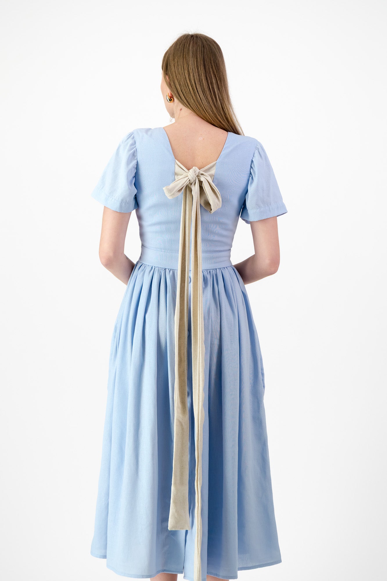 Blue Haze Closed Back Dress — Cool Blue with Oatmeal Tie