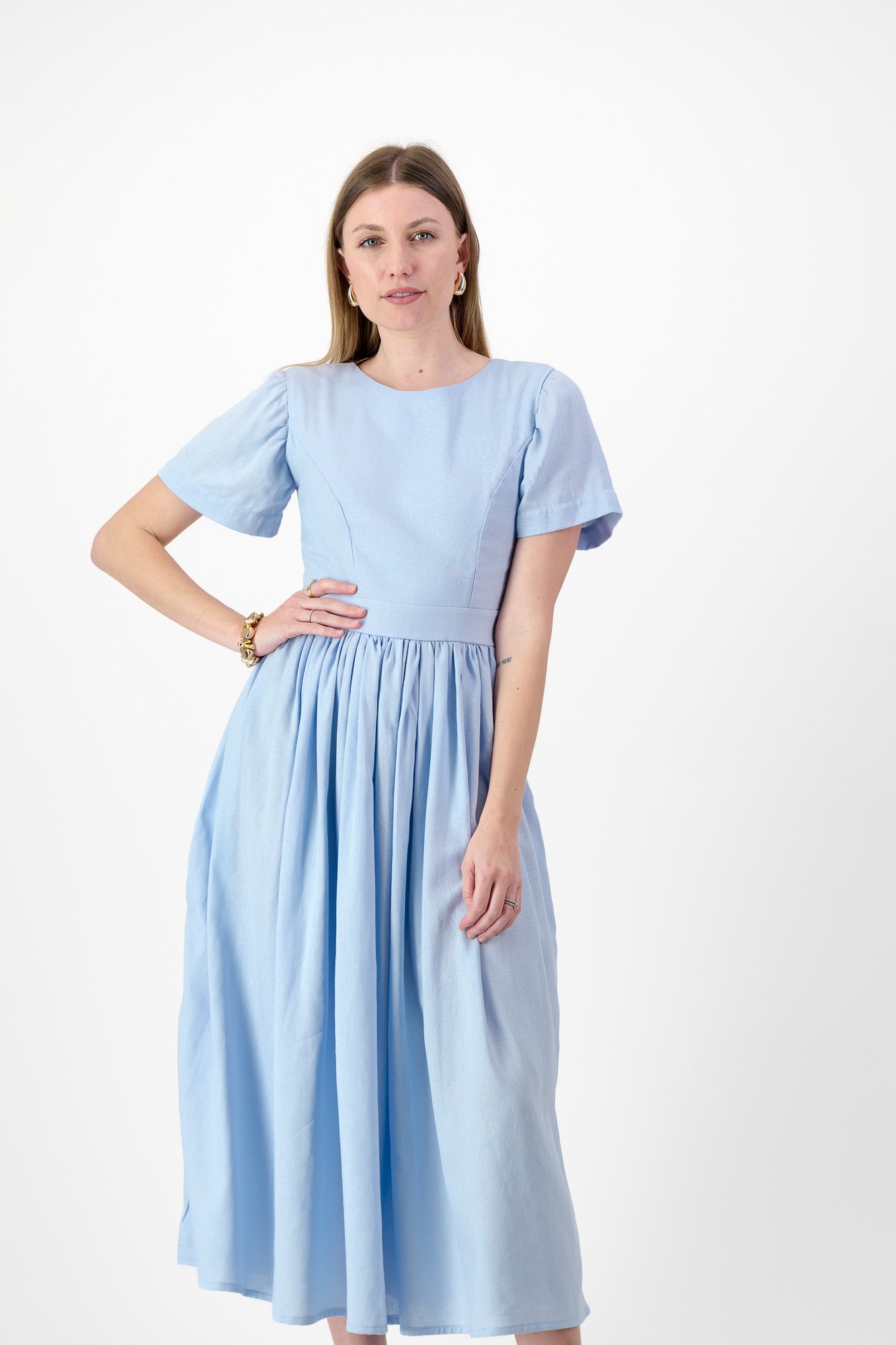 Blue Haze Closed Back Dress — Cool Blue with Oatmeal Tie