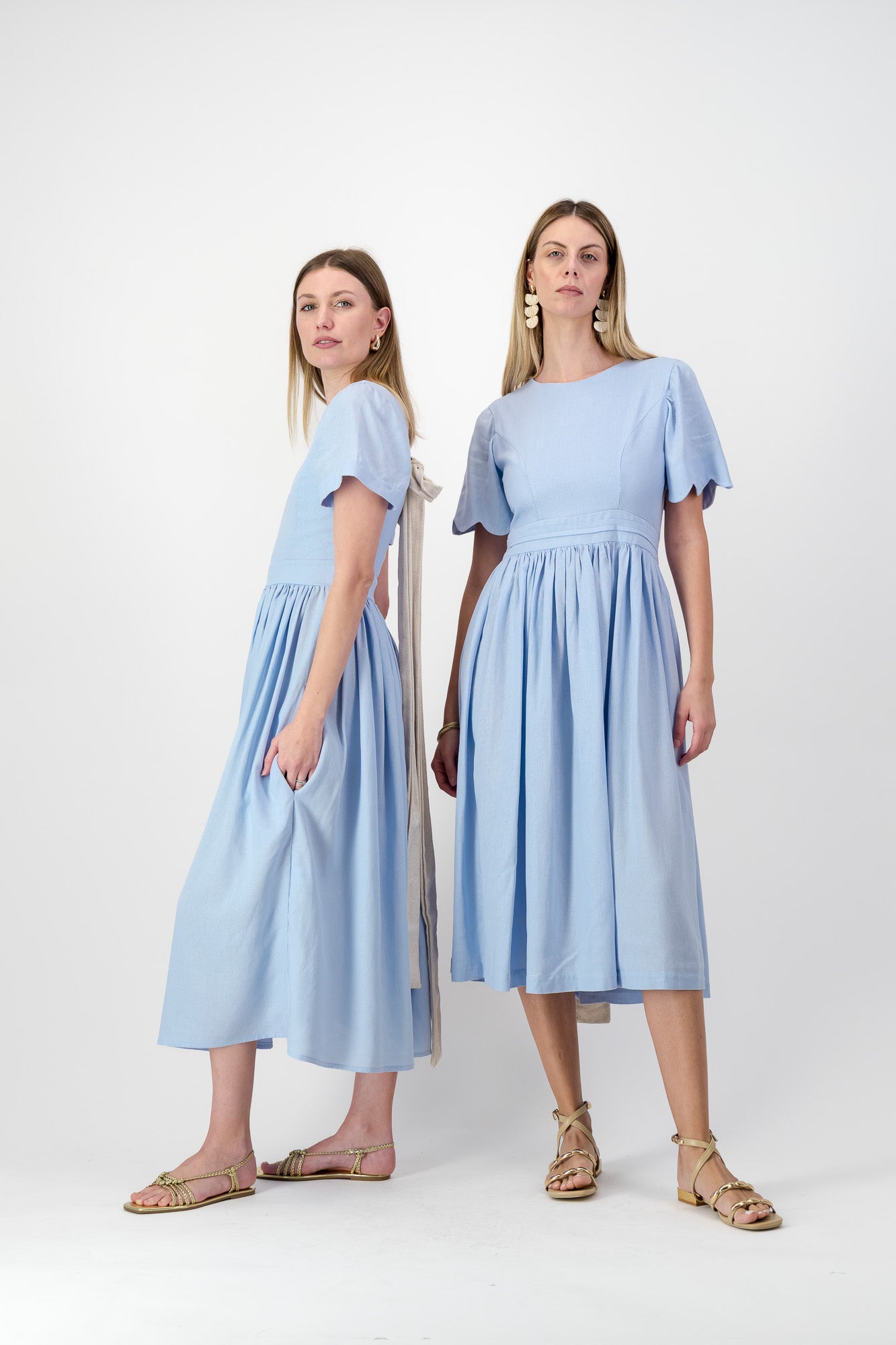 Blue Haze Closed Back Dress — Cool Blue with Oatmeal Tie