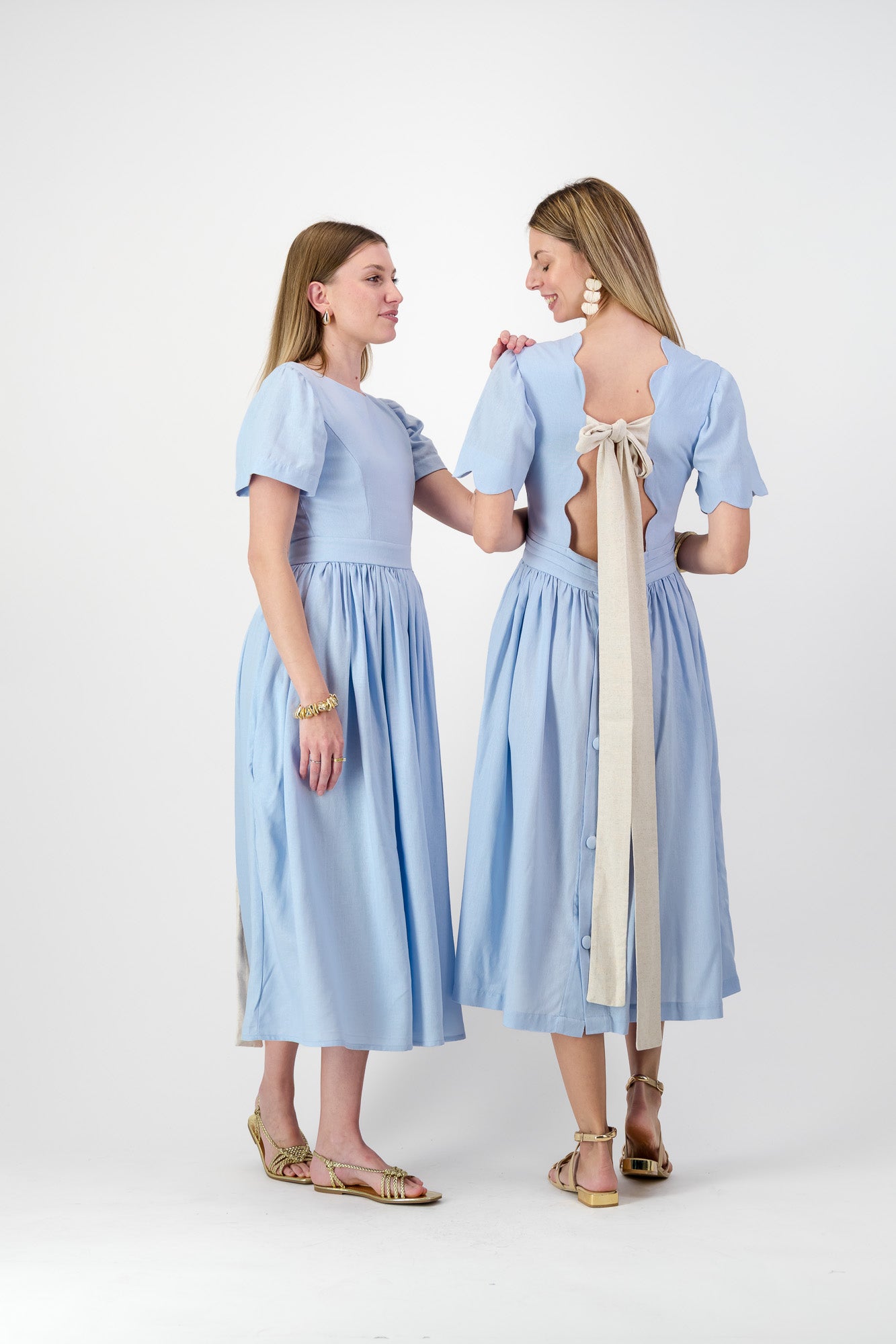 Blue Haze Closed Back Dress — Cool Blue with Oatmeal Tie