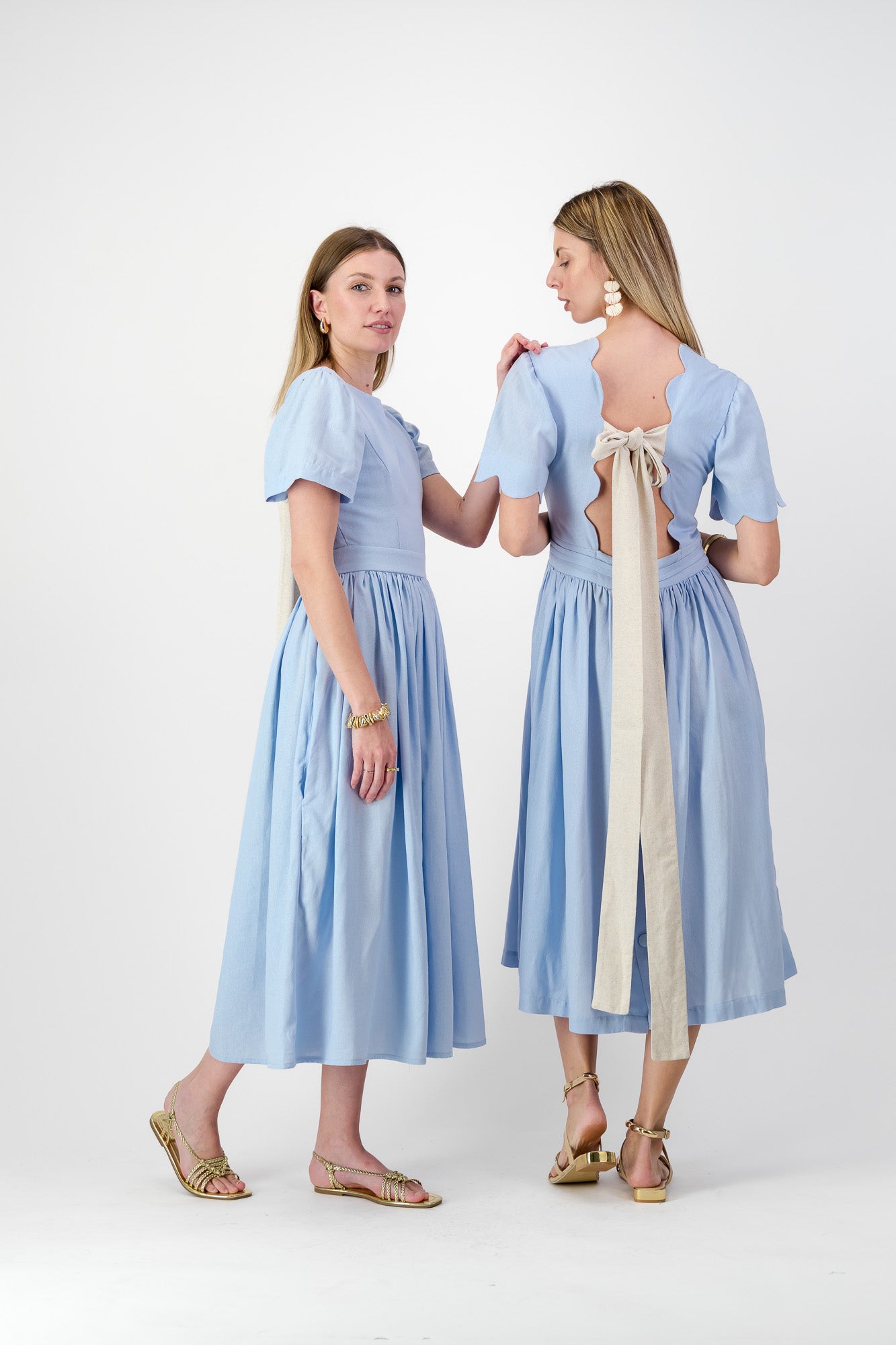Blue Haze Closed Back Dress — Cool Blue with Oatmeal Tie