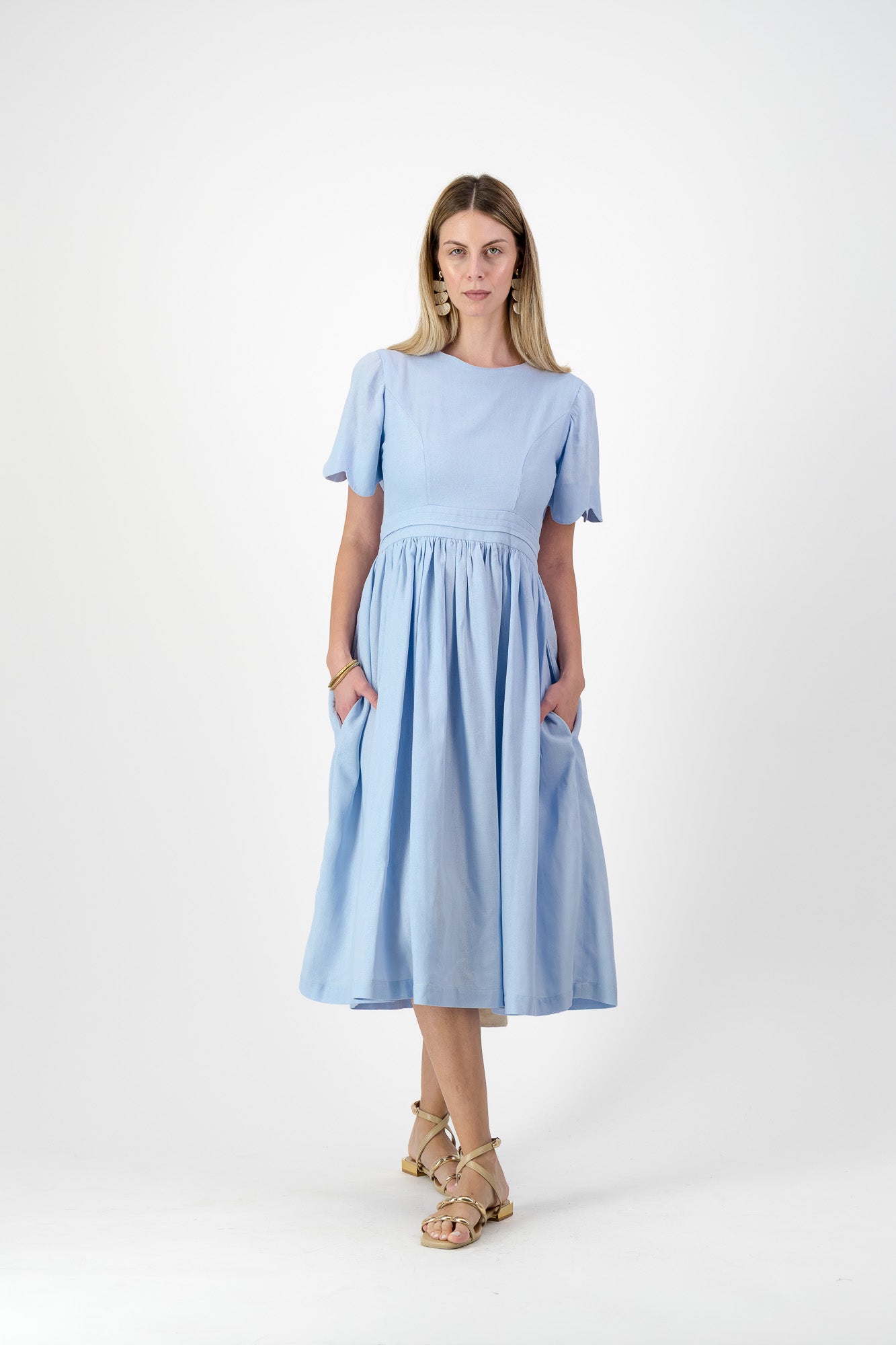Sky Drift Open Back Scallop Dress — Cool Blue with Oatmeal Tie