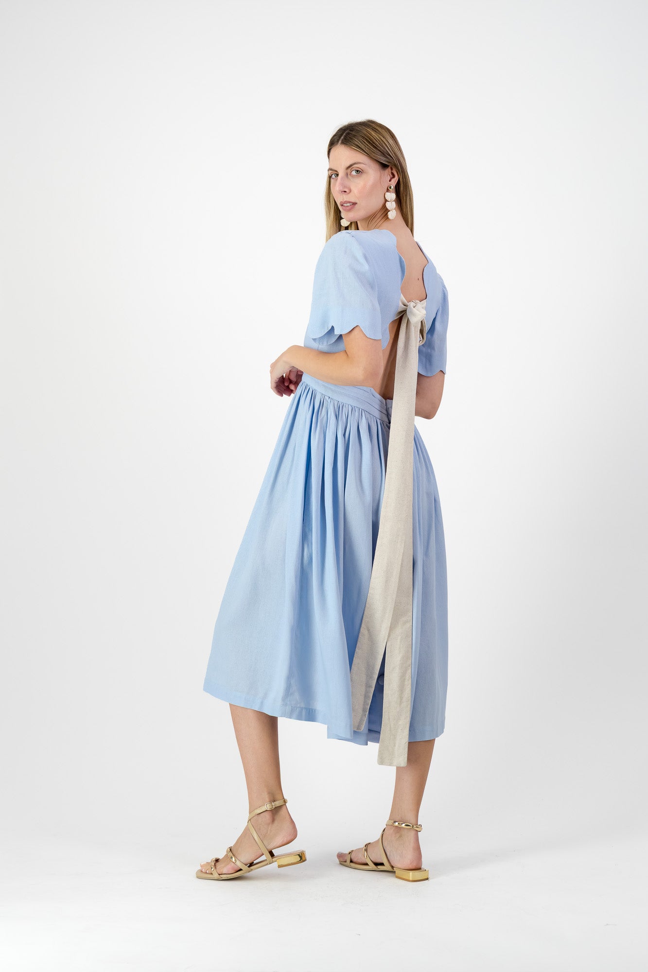Sky Drift Open Back Scallop Dress — Cool Blue with Oatmeal Tie
