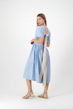 Sky Drift Open Back Scallop Dress — Cool Blue with Oatmeal Tie
