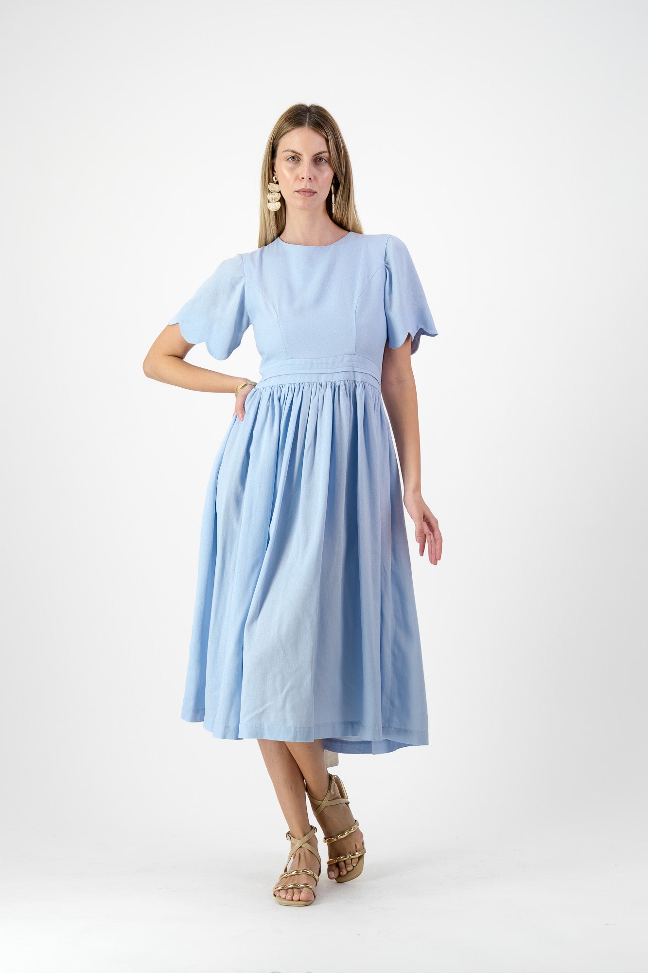 Sky Drift Open Back Scallop Dress — Cool Blue with Oatmeal Tie