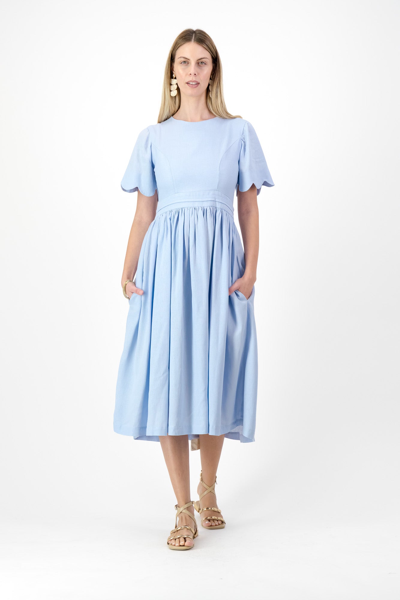 Sky Drift Open Back Scallop Dress — Cool Blue with Oatmeal Tie