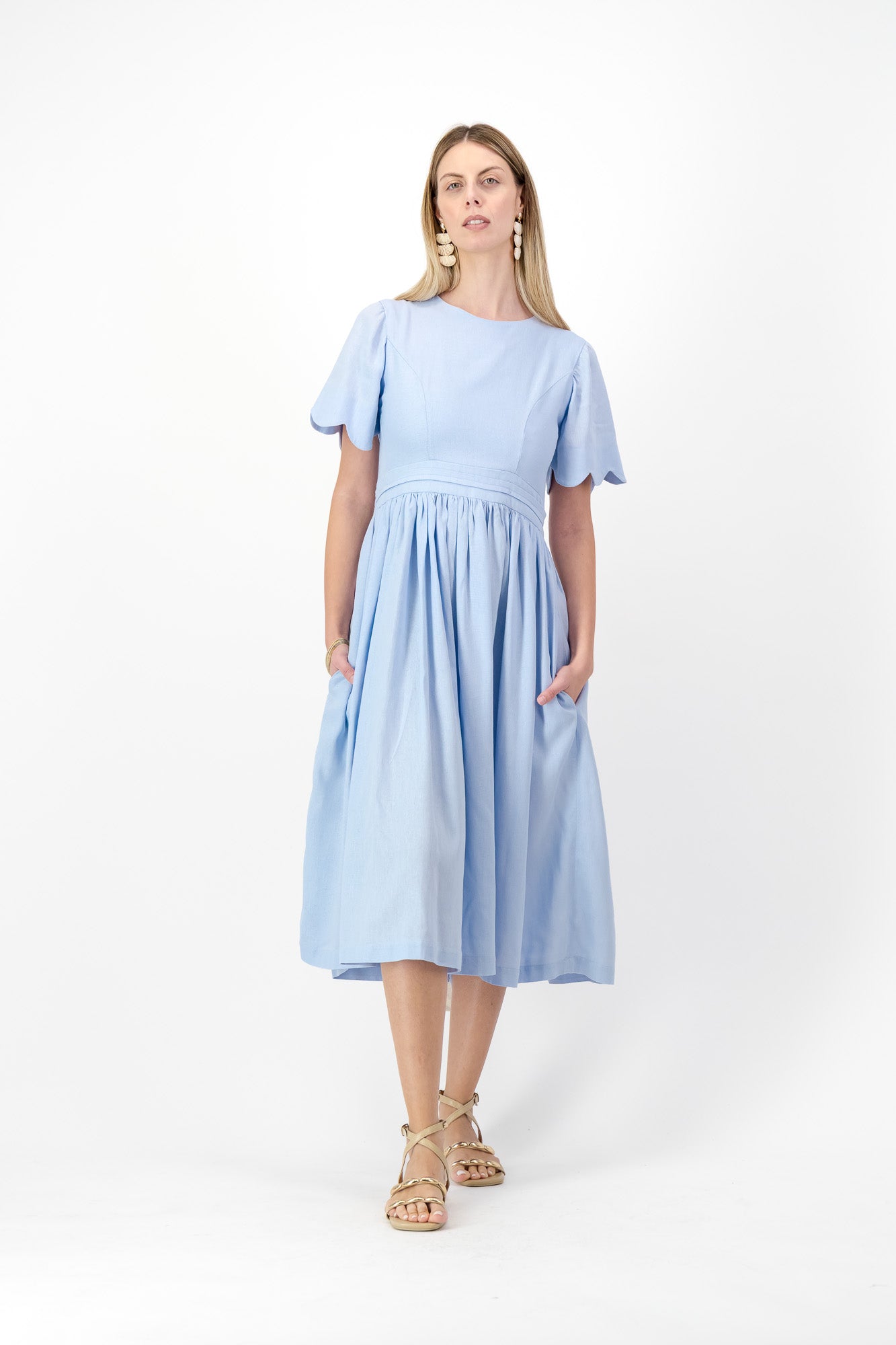 Sky Drift Open Back Scallop Dress — Cool Blue with Oatmeal Tie