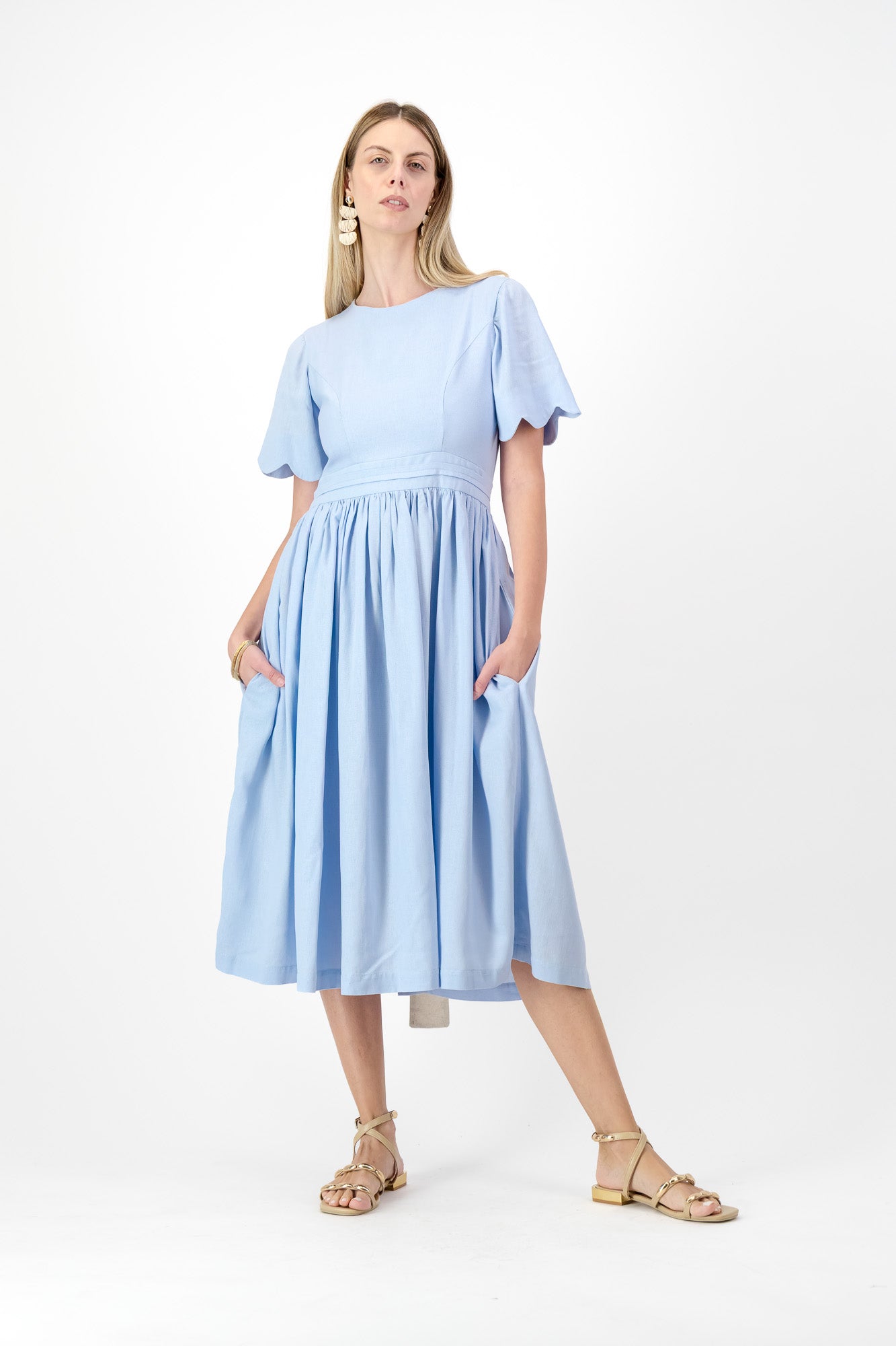 Sky Drift Open Back Scallop Dress — Cool Blue with Oatmeal Tie