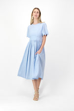 Sky Drift Open Back Scallop Dress — Cool Blue with Oatmeal Tie