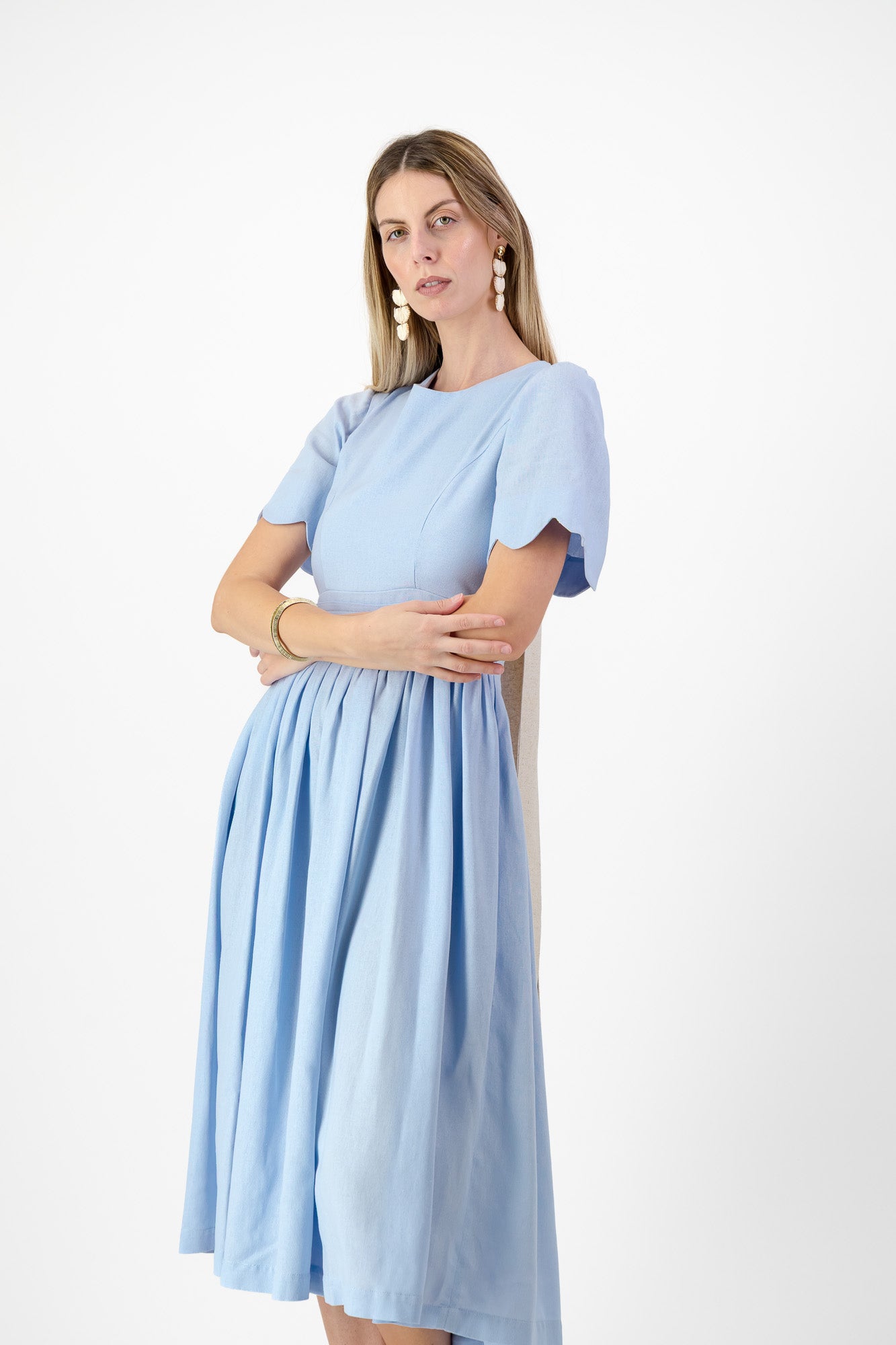 Sky Drift Open Back Scallop Dress — Cool Blue with Oatmeal Tie