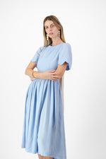 Sky Drift Open Back Scallop Dress — Cool Blue with Oatmeal Tie