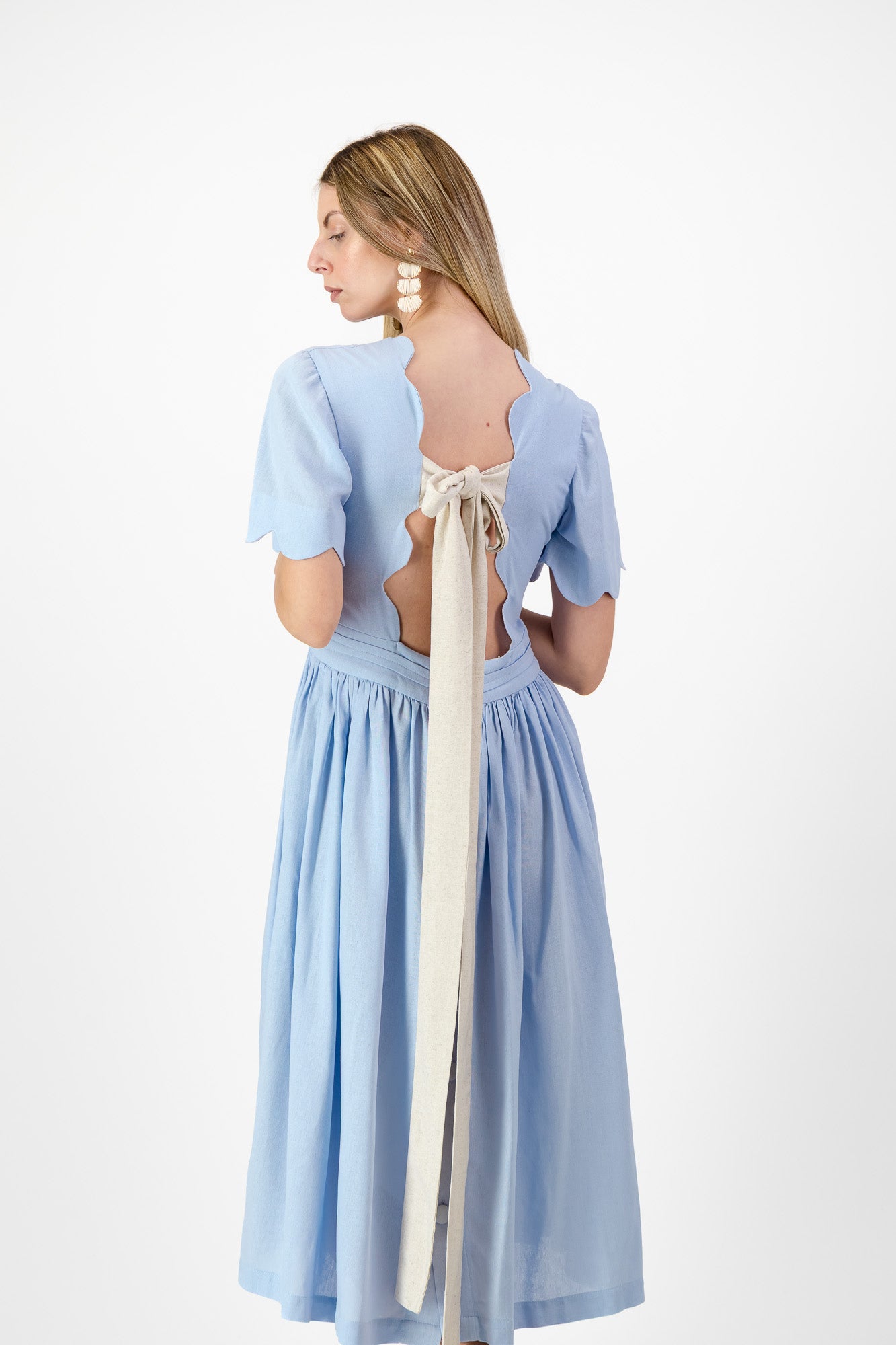 Sky Drift Open Back Scallop Dress — Cool Blue with Oatmeal Tie