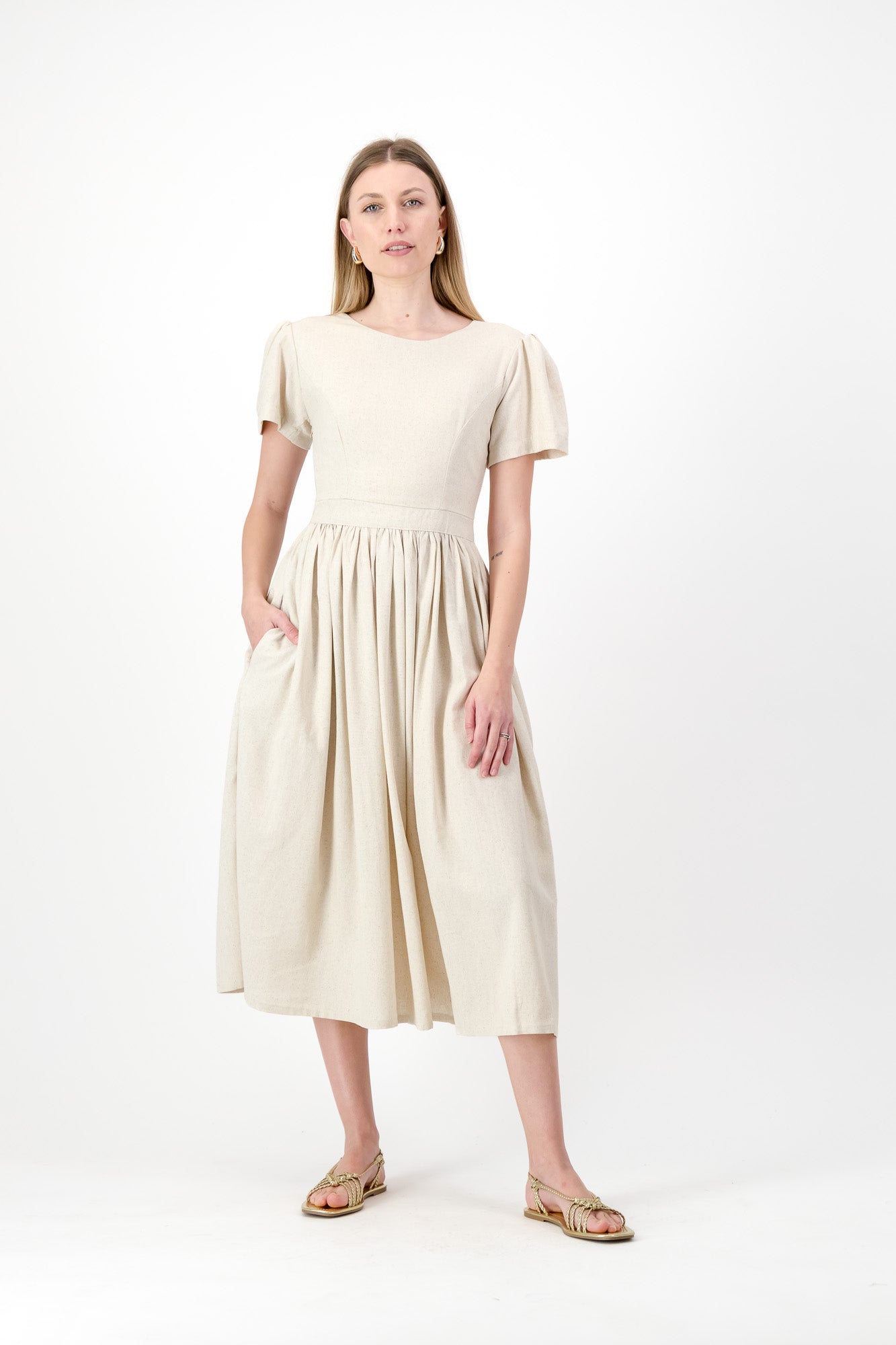 PRE-ORDER Dawn Light Closed Back Dress — Oatmeal with Black Tie