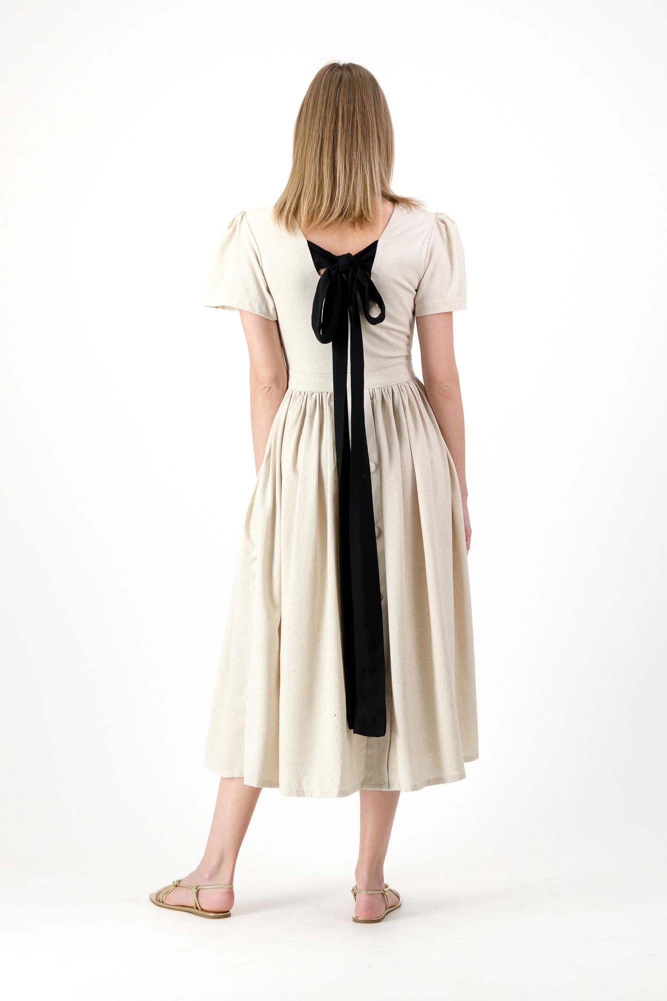 PRE-ORDER Dawn Light Closed Back Dress — Oatmeal with Black Tie