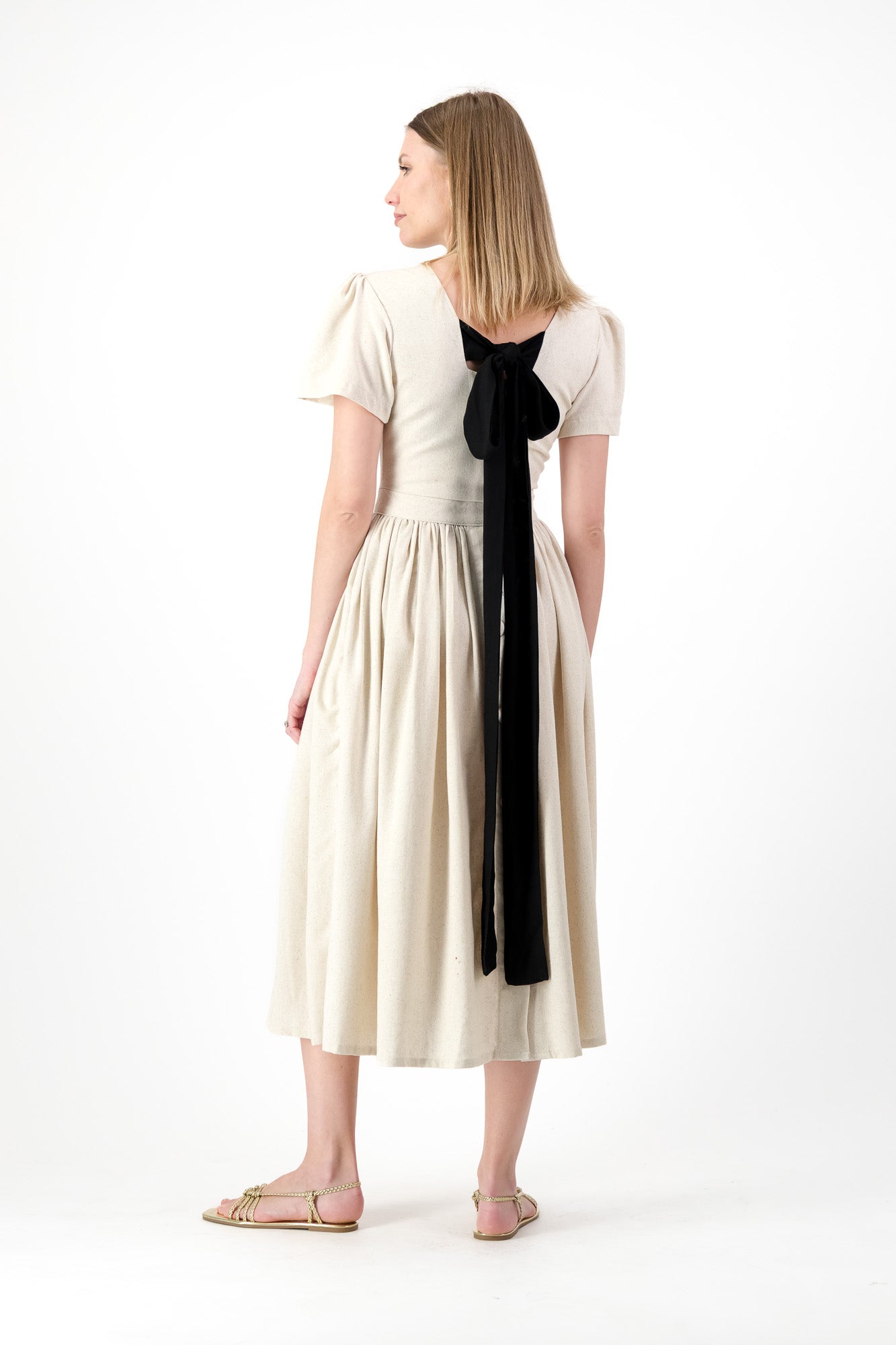 PRE-ORDER Dawn Light Closed Back Dress — Oatmeal with Black Tie