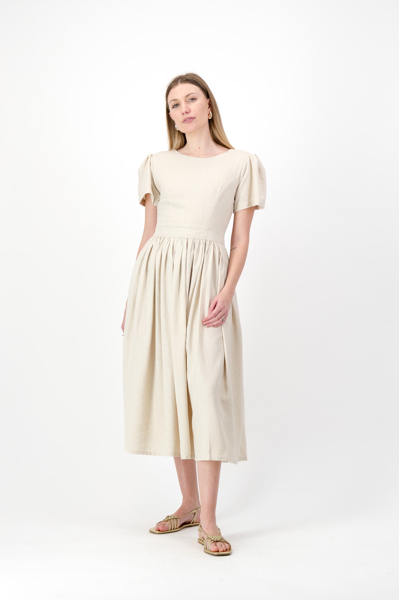 PRE-ORDER Dawn Light Closed Back Dress — Oatmeal with Black Tie