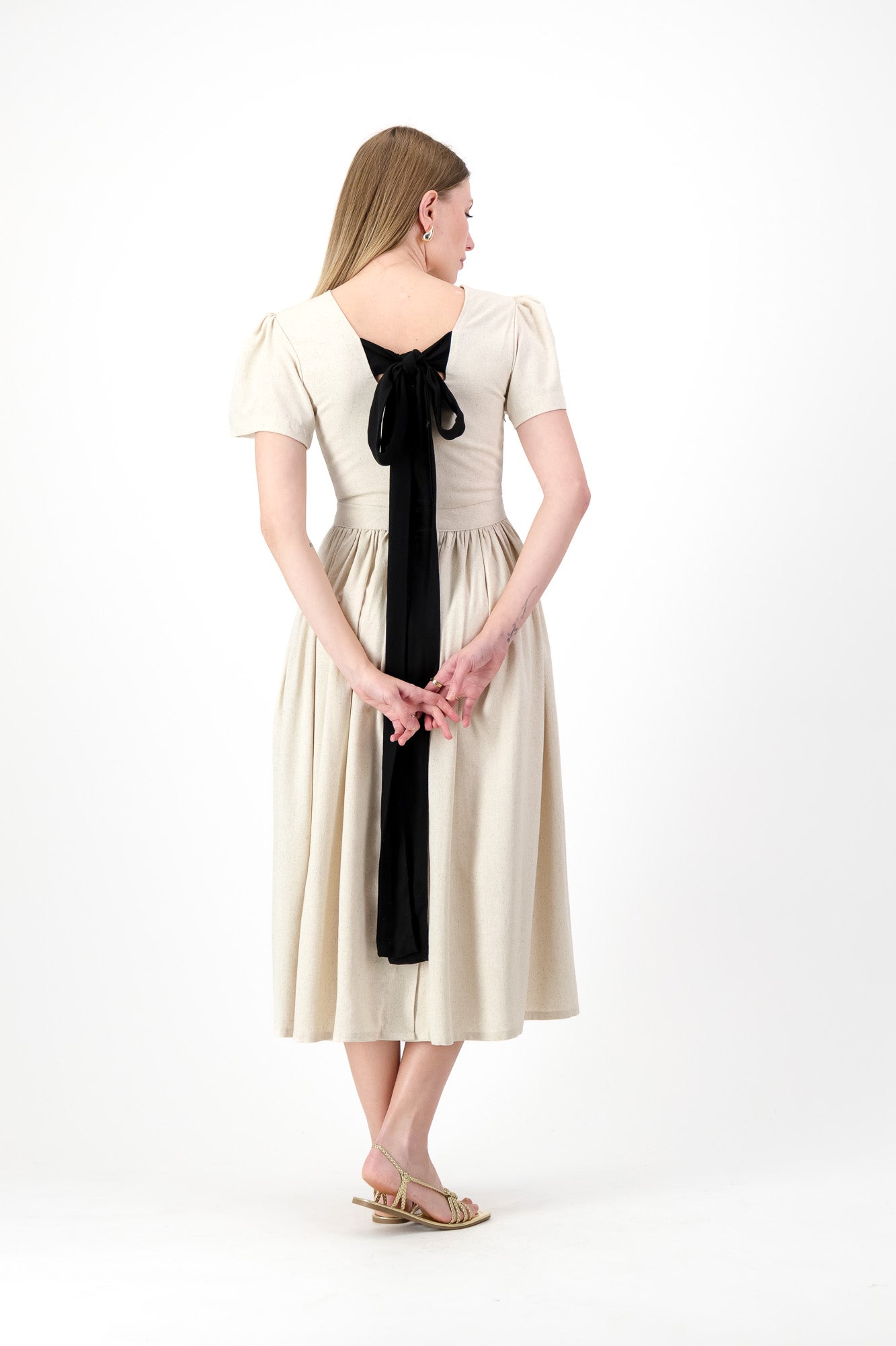 PRE-ORDER Dawn Light Closed Back Dress — Oatmeal with Black Tie