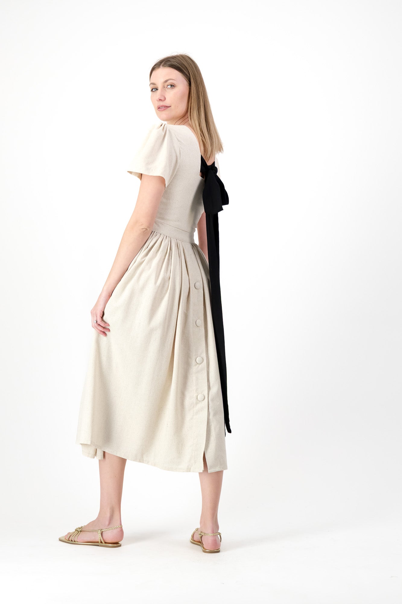 PRE-ORDER Dawn Light Closed Back Dress — Oatmeal with Black Tie