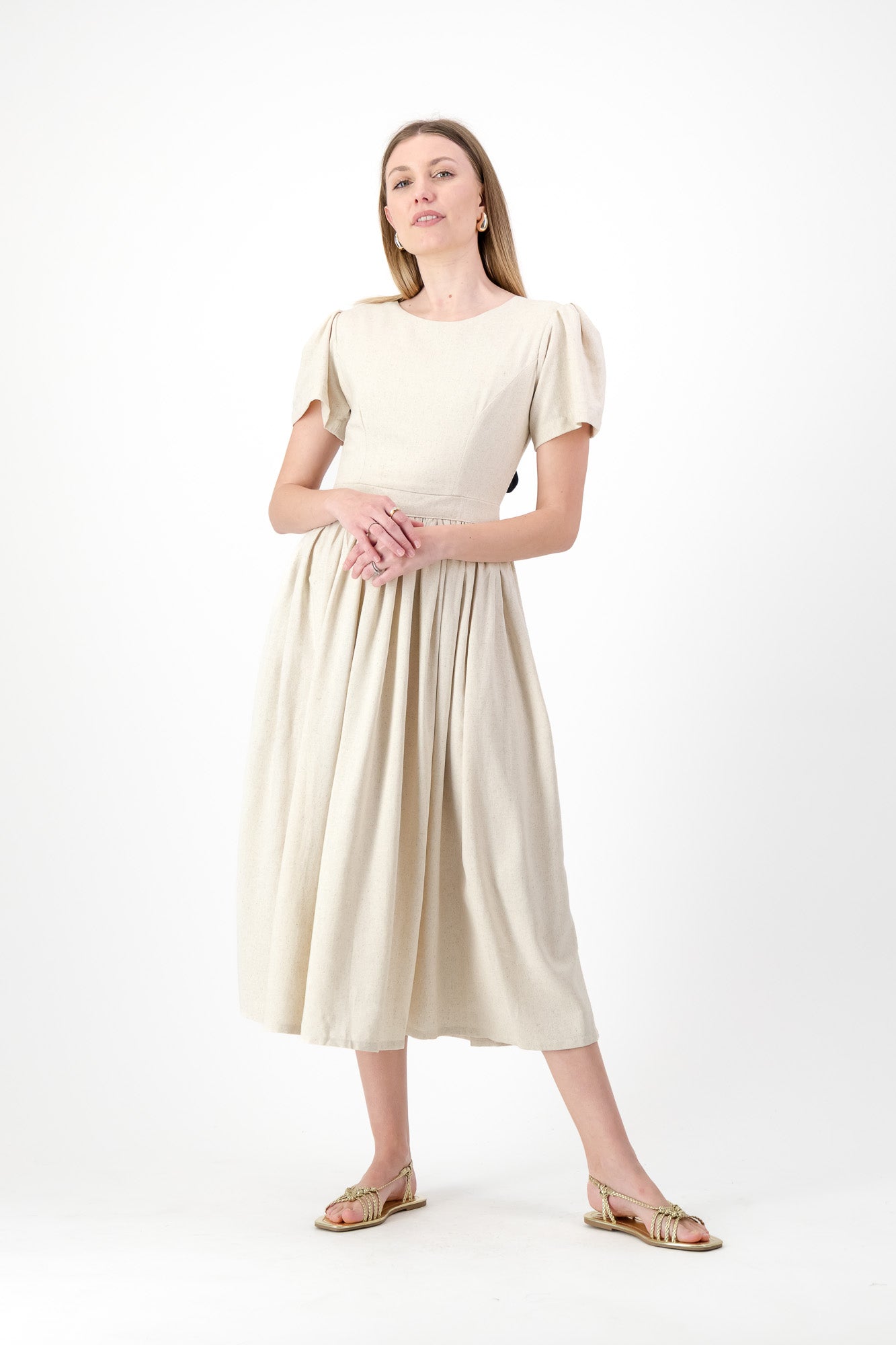 PRE-ORDER Dawn Light Closed Back Dress — Oatmeal with Black Tie