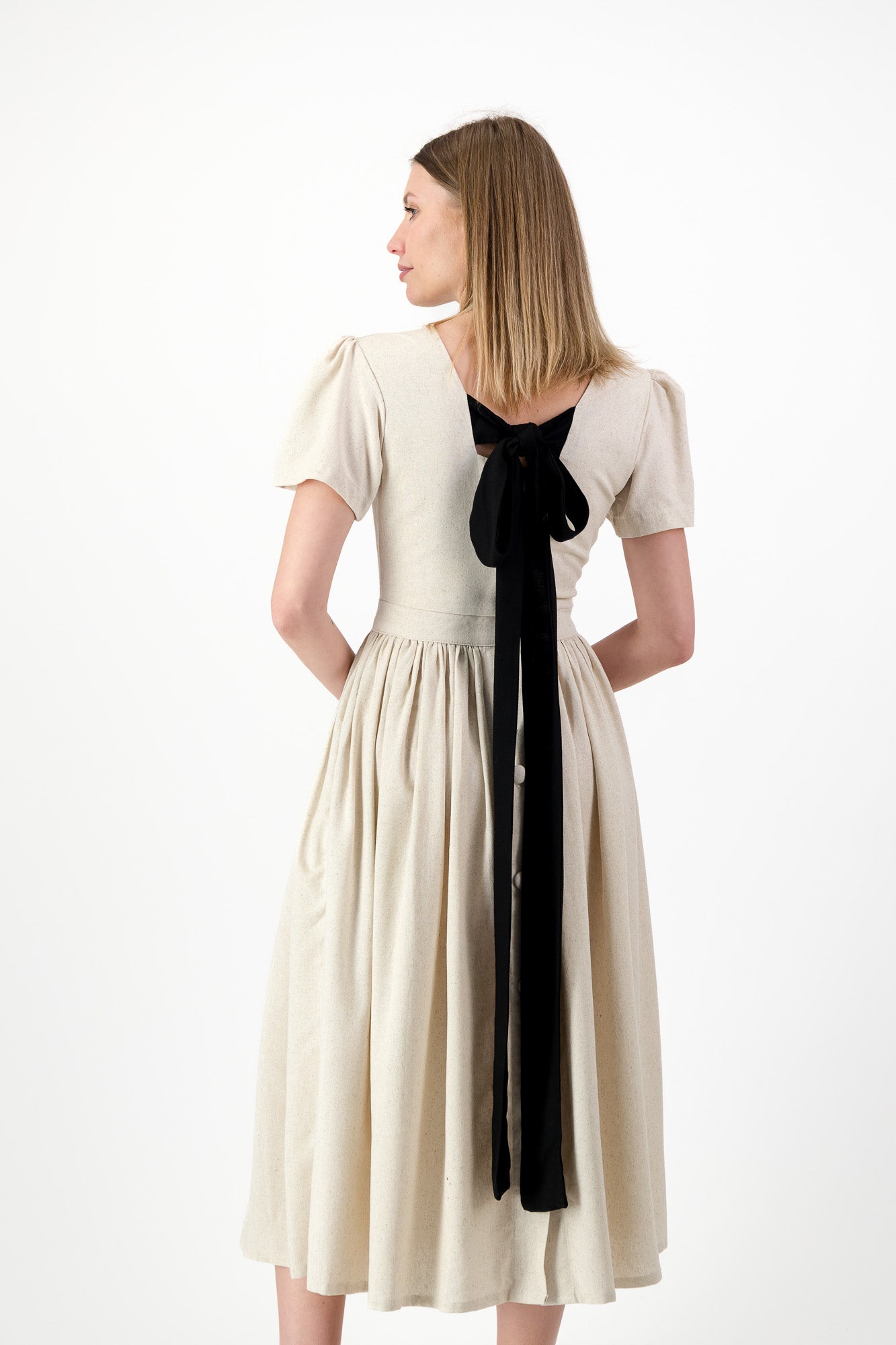 PRE-ORDER Dawn Light Closed Back Dress — Oatmeal with Black Tie