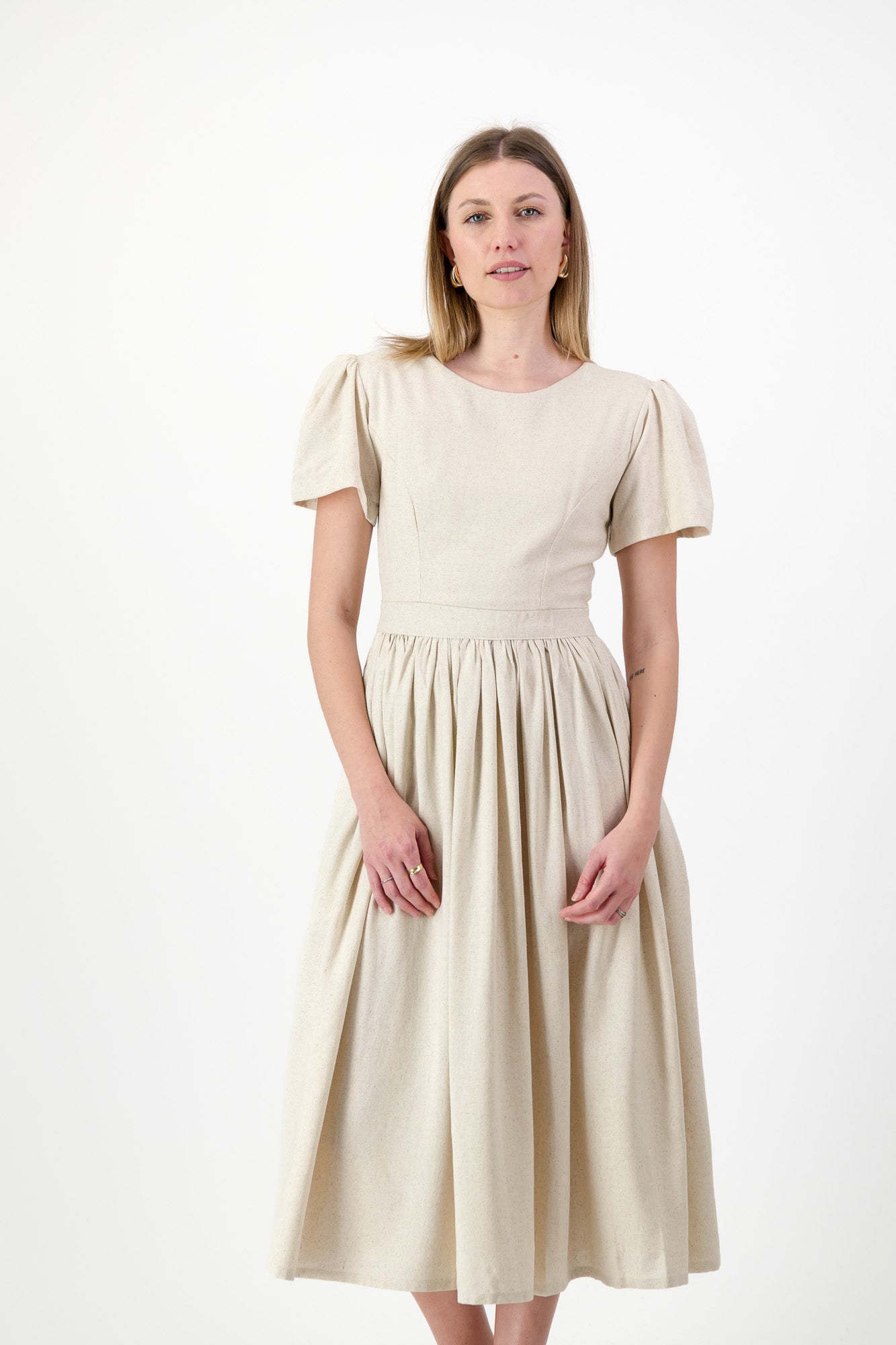 PRE-ORDER Dawn Light Closed Back Dress — Oatmeal with Black Tie