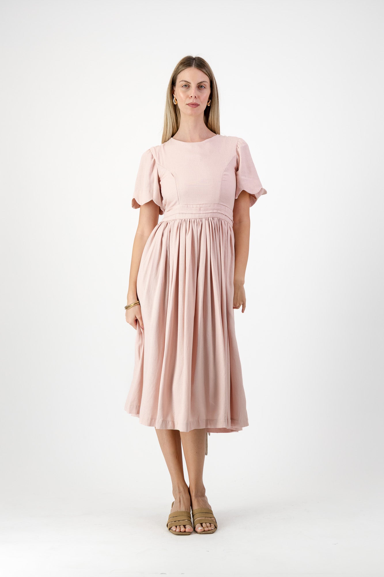 Peach Wisp Scallop Open Back Dress — Blush Peach with Oatmeal Tie