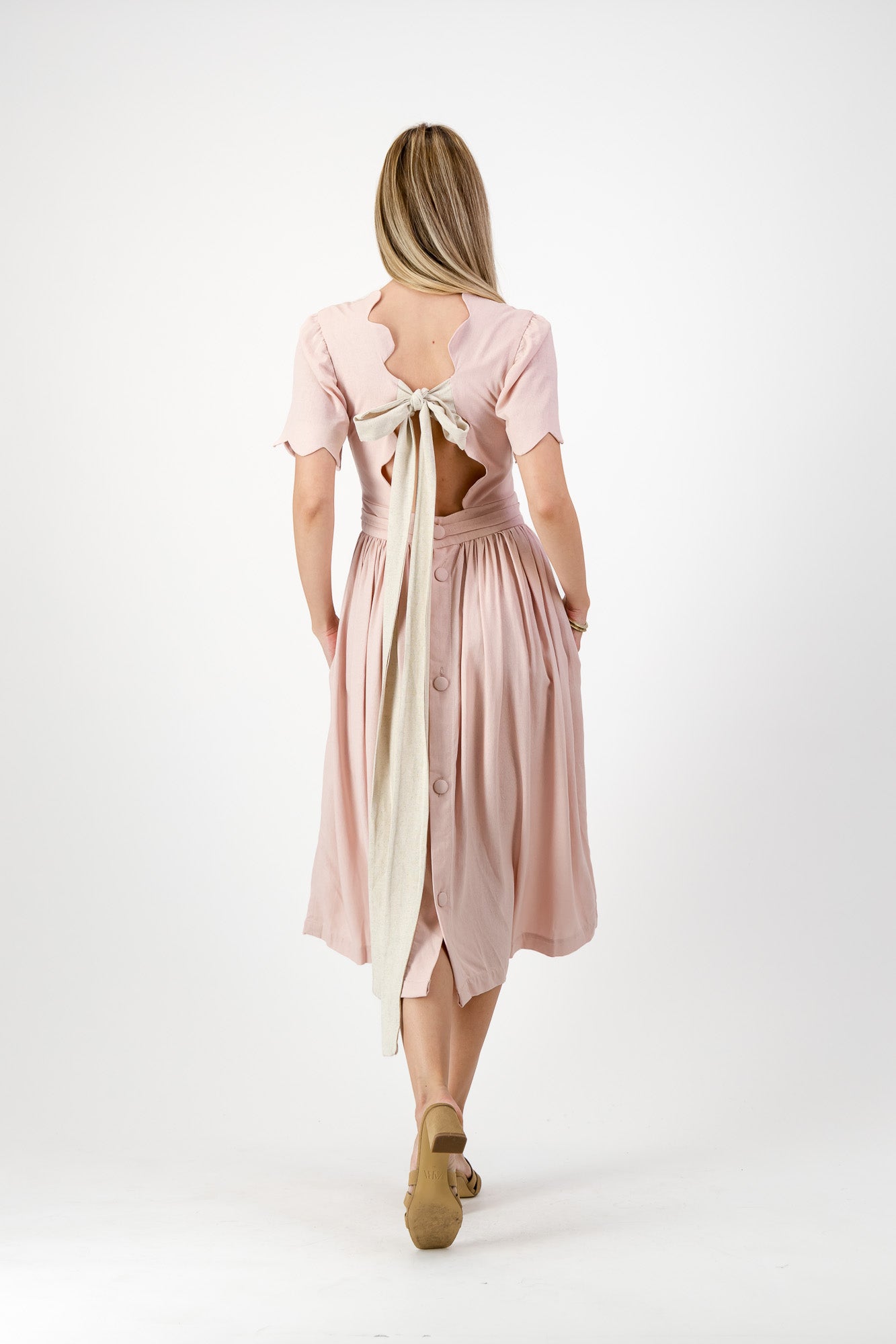 Peach Wisp Scallop Open Back Dress — Blush Peach with Oatmeal Tie