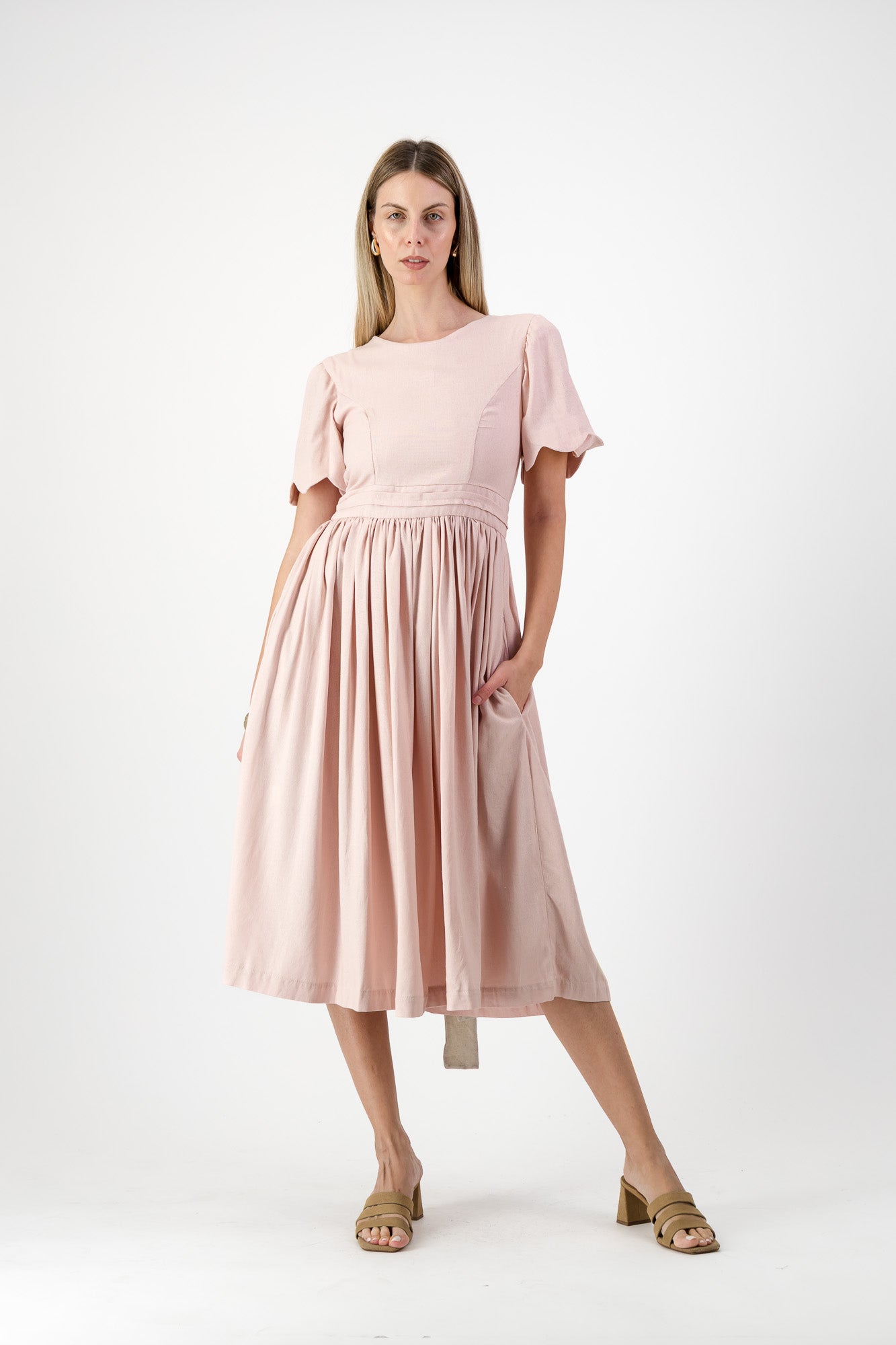 Peach Wisp Scallop Open Back Dress — Blush Peach with Oatmeal Tie