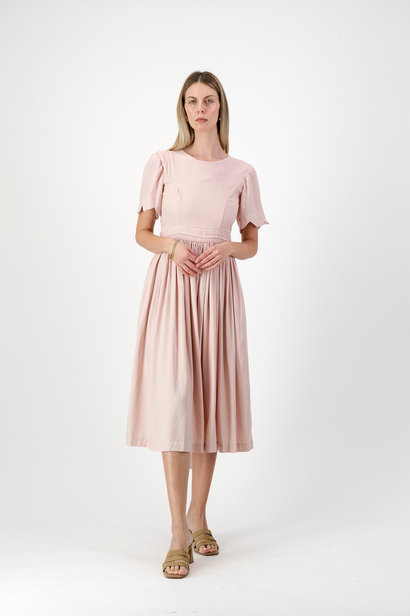 Peach Wisp Scallop Open Back Dress — Blush Peach with Oatmeal Tie