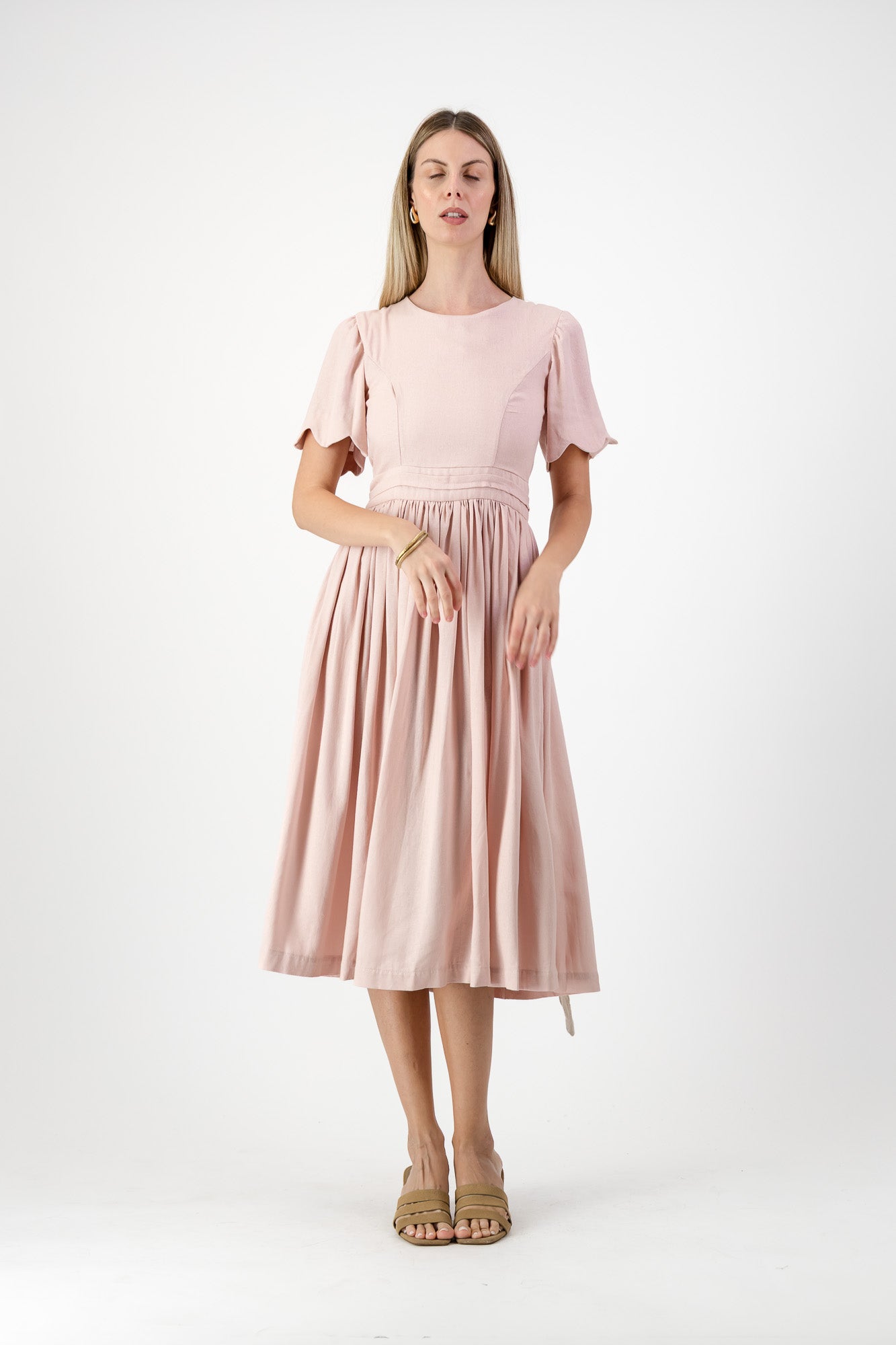 Peach Wisp Scallop Open Back Dress — Blush Peach with Oatmeal Tie