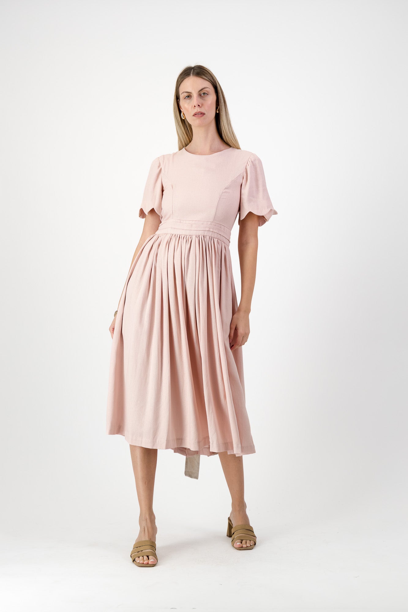 Peach Wisp Scallop Open Back Dress — Blush Peach with Oatmeal Tie