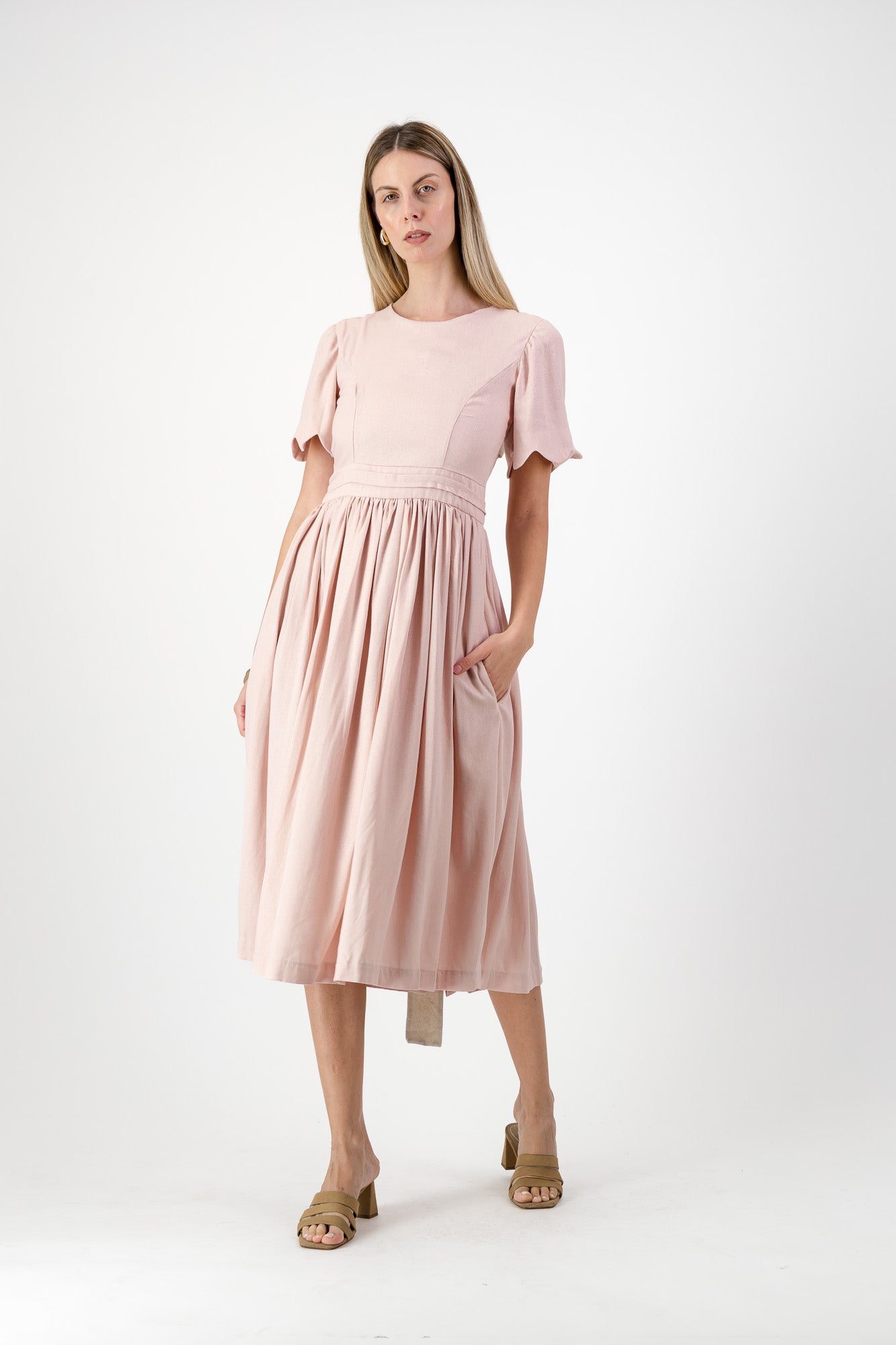 Peach Wisp Scallop Open Back Dress — Blush Peach with Oatmeal Tie
