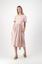 Peach Wisp Scallop Open Back Dress — Blush Peach with Oatmeal Tie