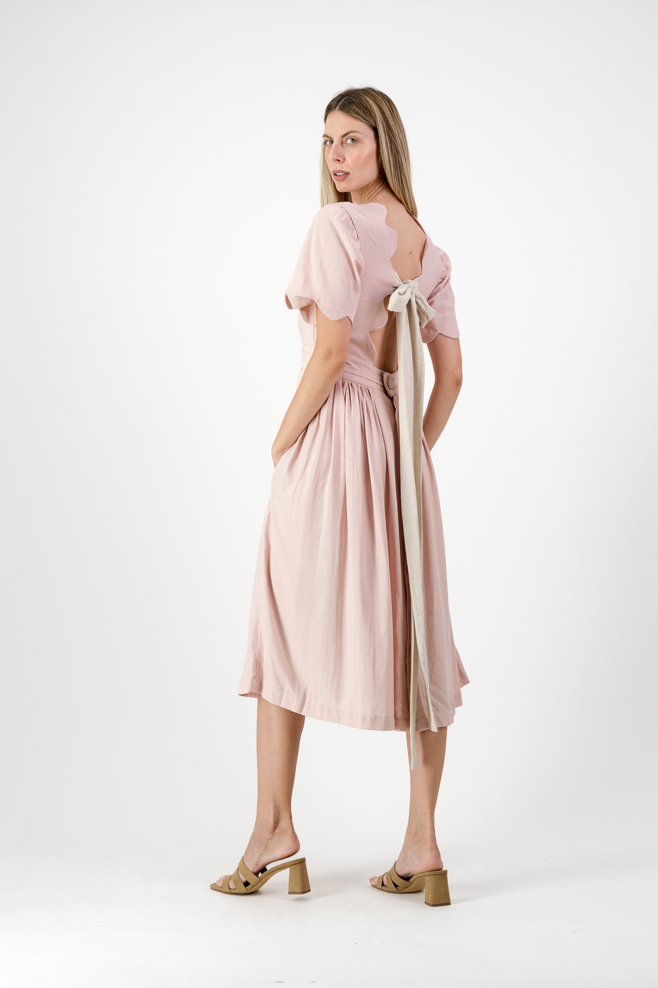 Peach Wisp Scallop Open Back Dress — Blush Peach with Oatmeal Tie