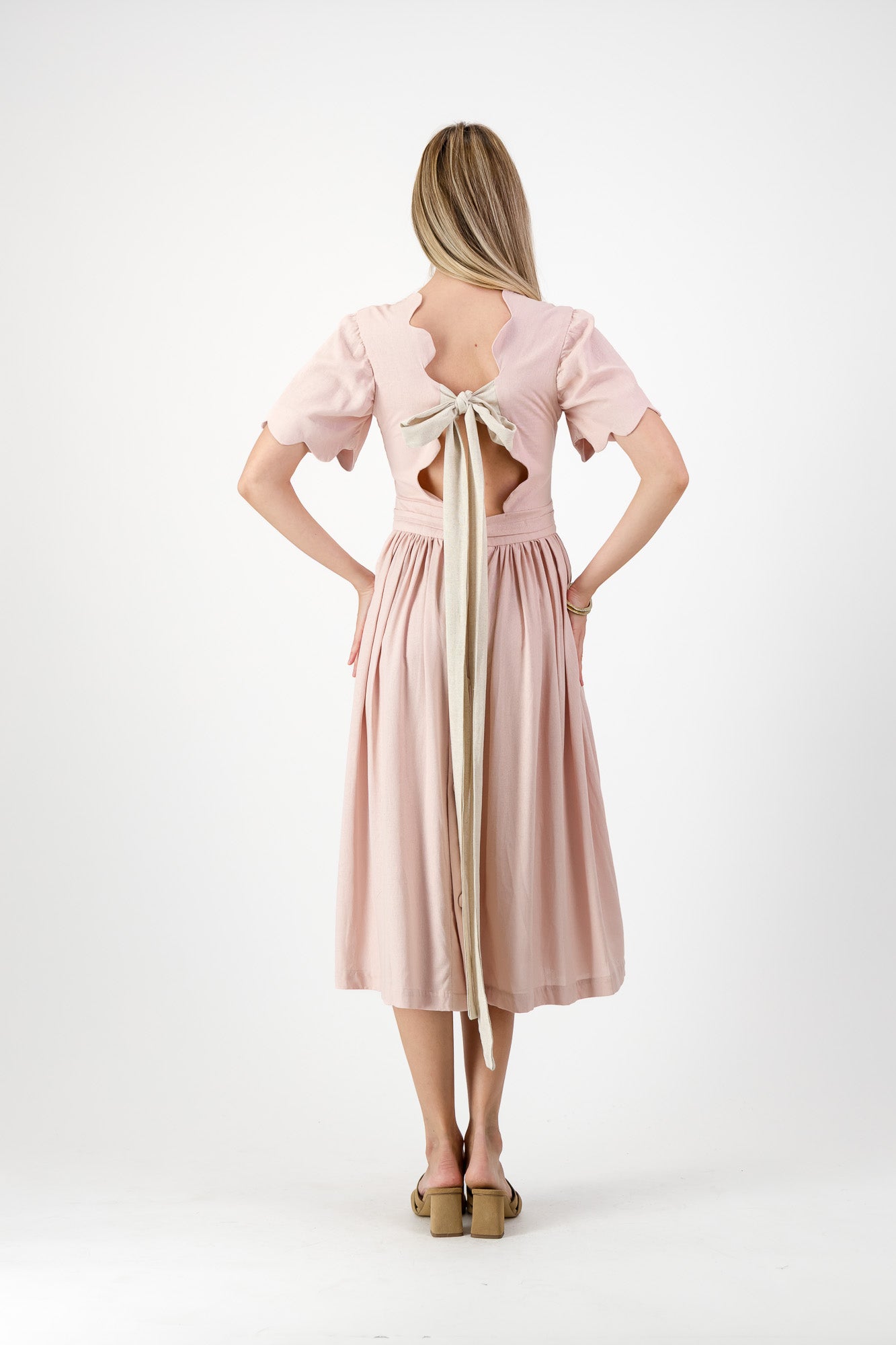 Peach Wisp Scallop Open Back Dress — Blush Peach with Oatmeal Tie