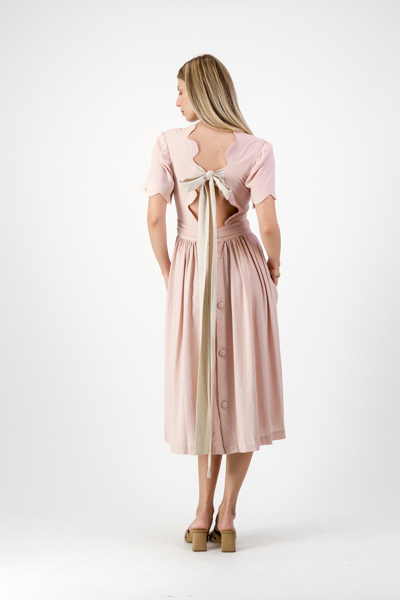 Peach Wisp Scallop Open Back Dress — Blush Peach with Oatmeal Tie