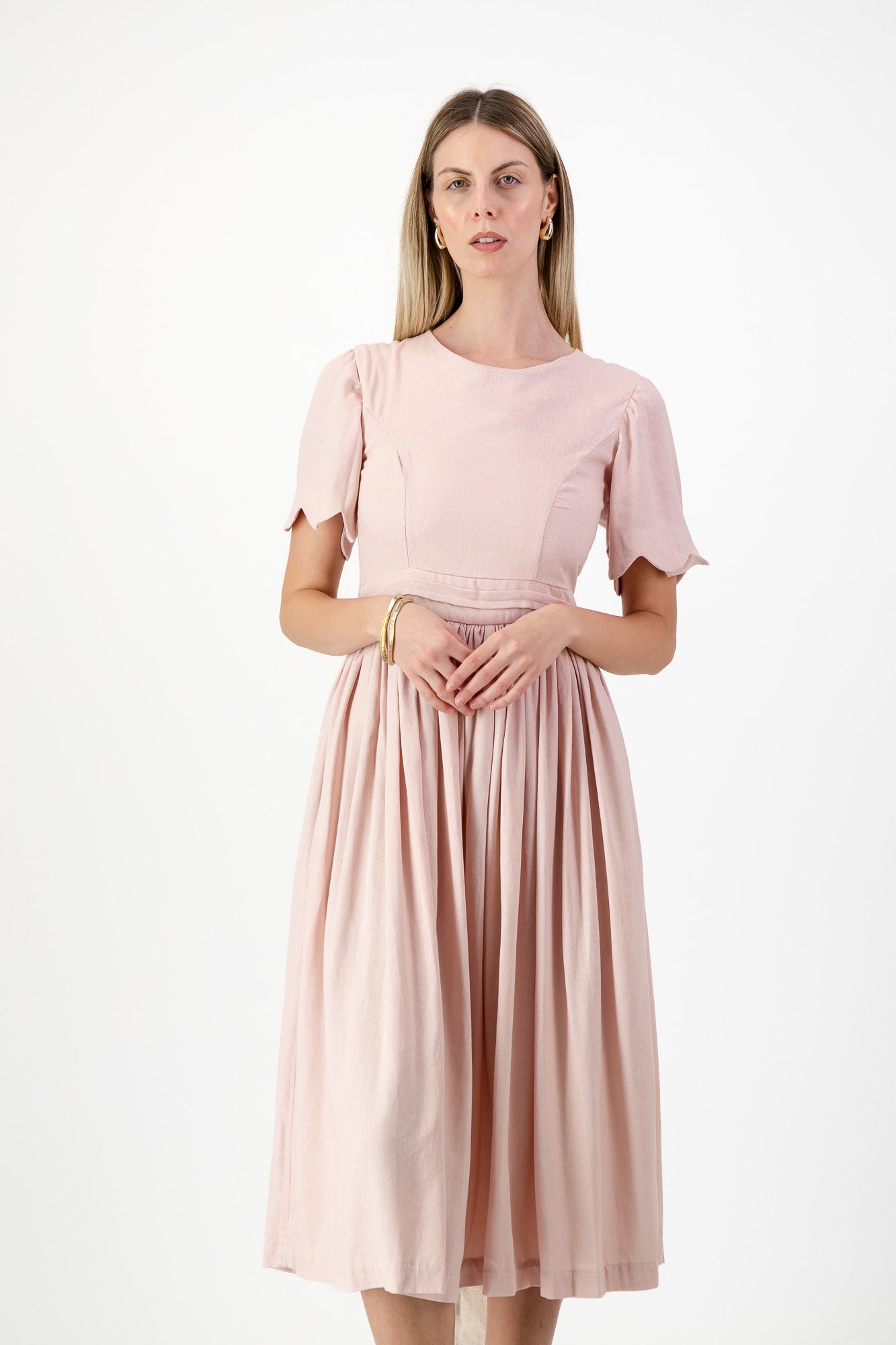 Peach Wisp Scallop Open Back Dress — Blush Peach with Oatmeal Tie