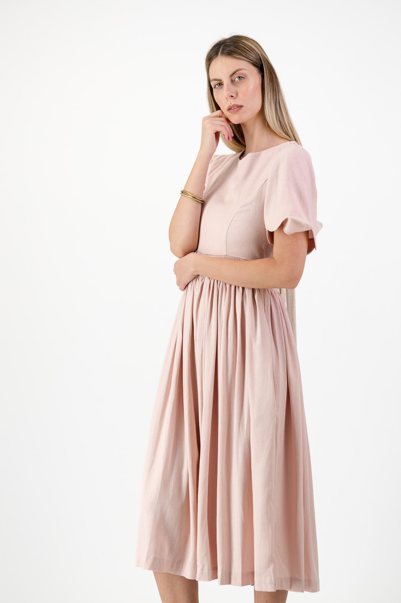 Peach Wisp Scallop Open Back Dress — Blush Peach with Oatmeal Tie